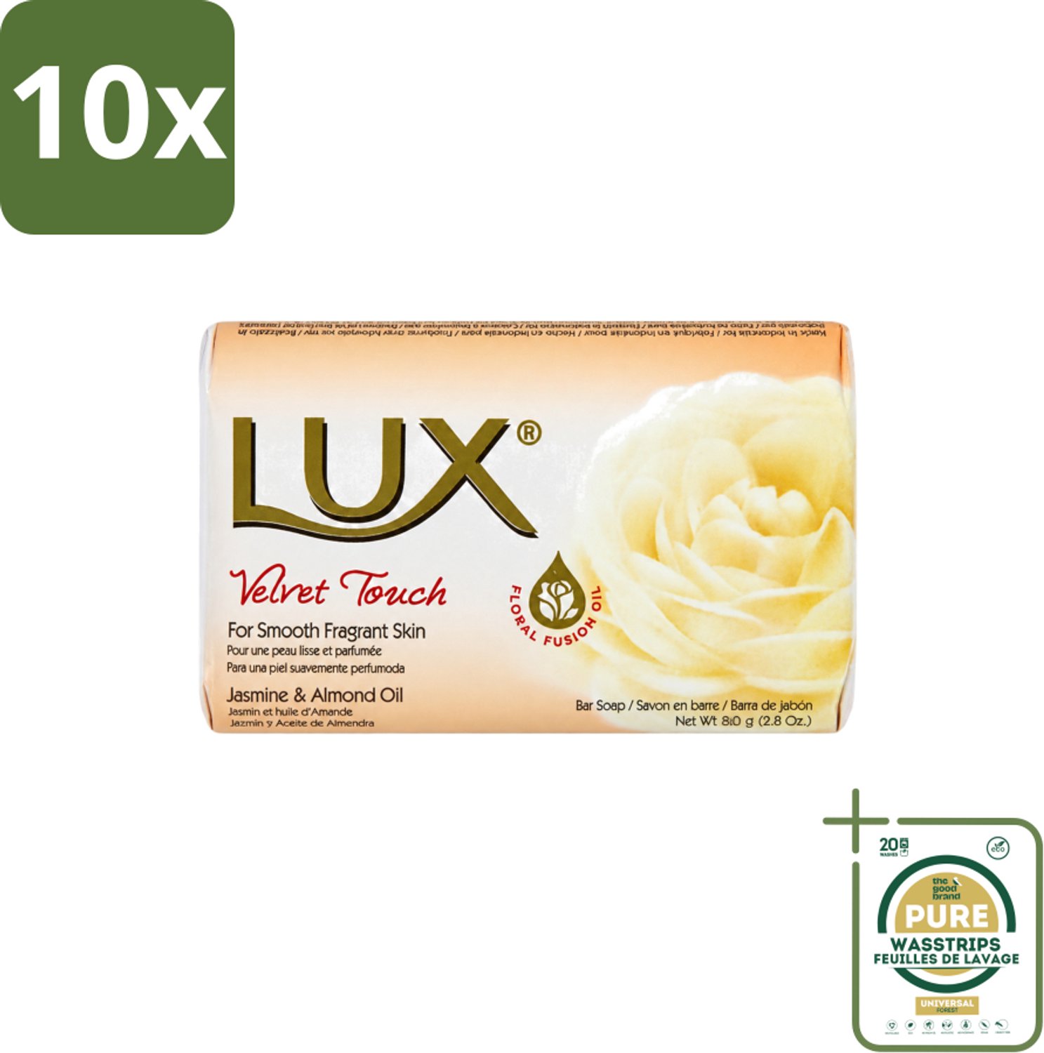 10 x Lux - Zeep - Velvet Touch - Hydraterend - Voor Geurige Huid - 80 g - Wasstrips - Zeep - Hydraterende Zeep - Zijdezachte Zeep - Geurende Zeep - Huidverzorging