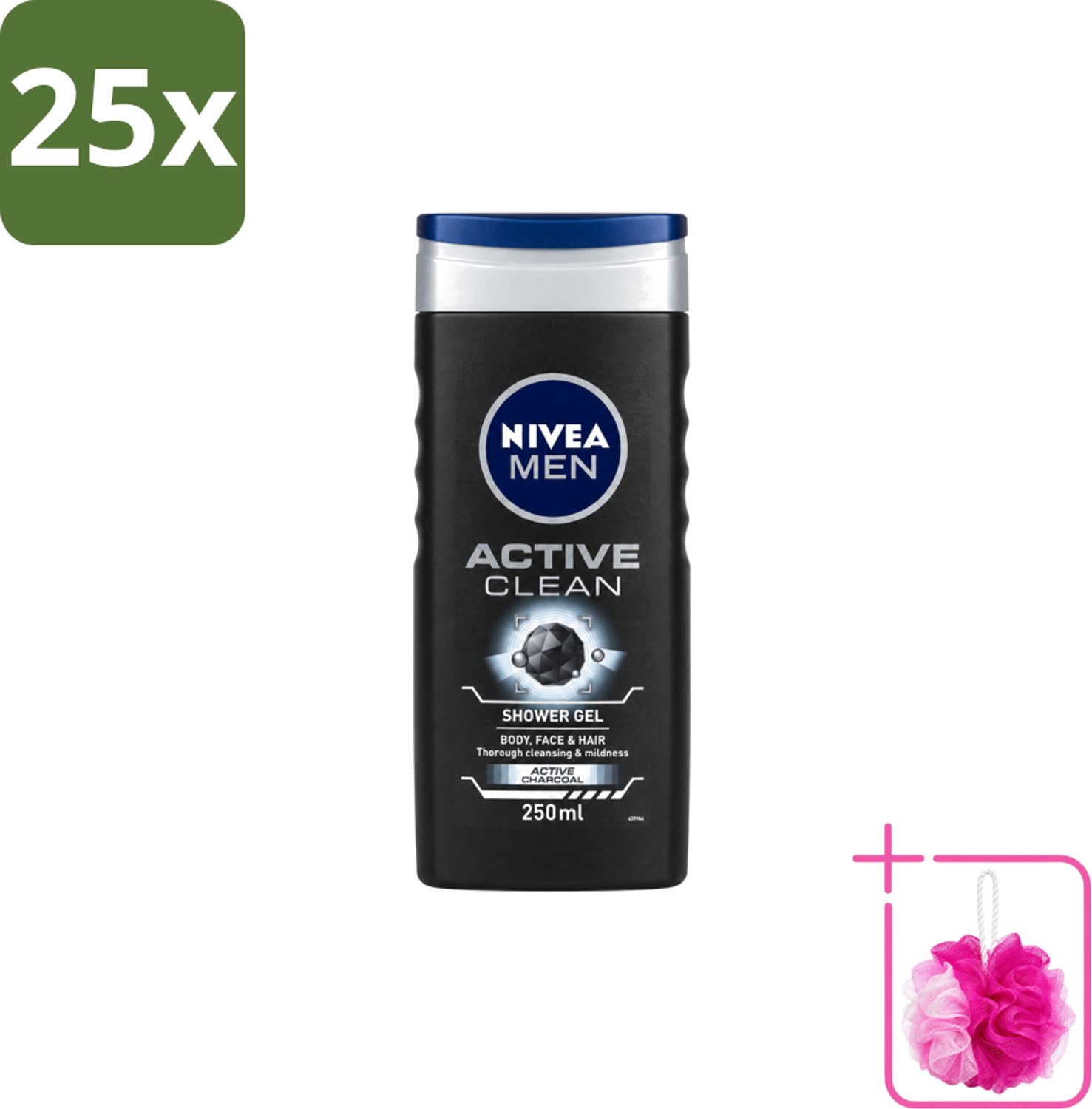 25 x Nivea Men – Douchegel – Active Clean – 250 ml - Bulkverpakking - Douchegel mannen - Douchemop - Reiniging huid