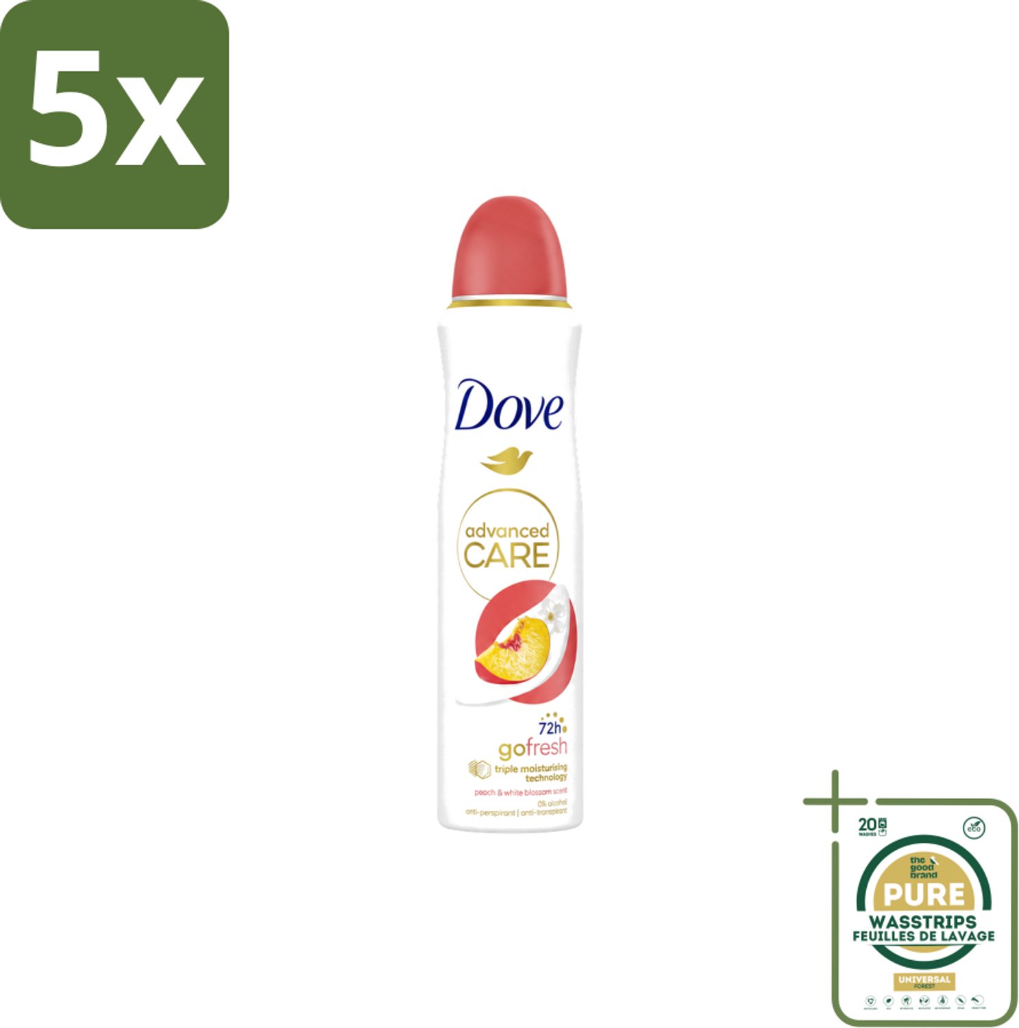 5 x Dove – Deodorant Spray – Peach & White Blossom – 150 ml - Wasstrips - Deodorant Spray - Fris - Okselhuid Verzorging - Alcoholvrije Deodorant - Perzik En Witte Bloesem
