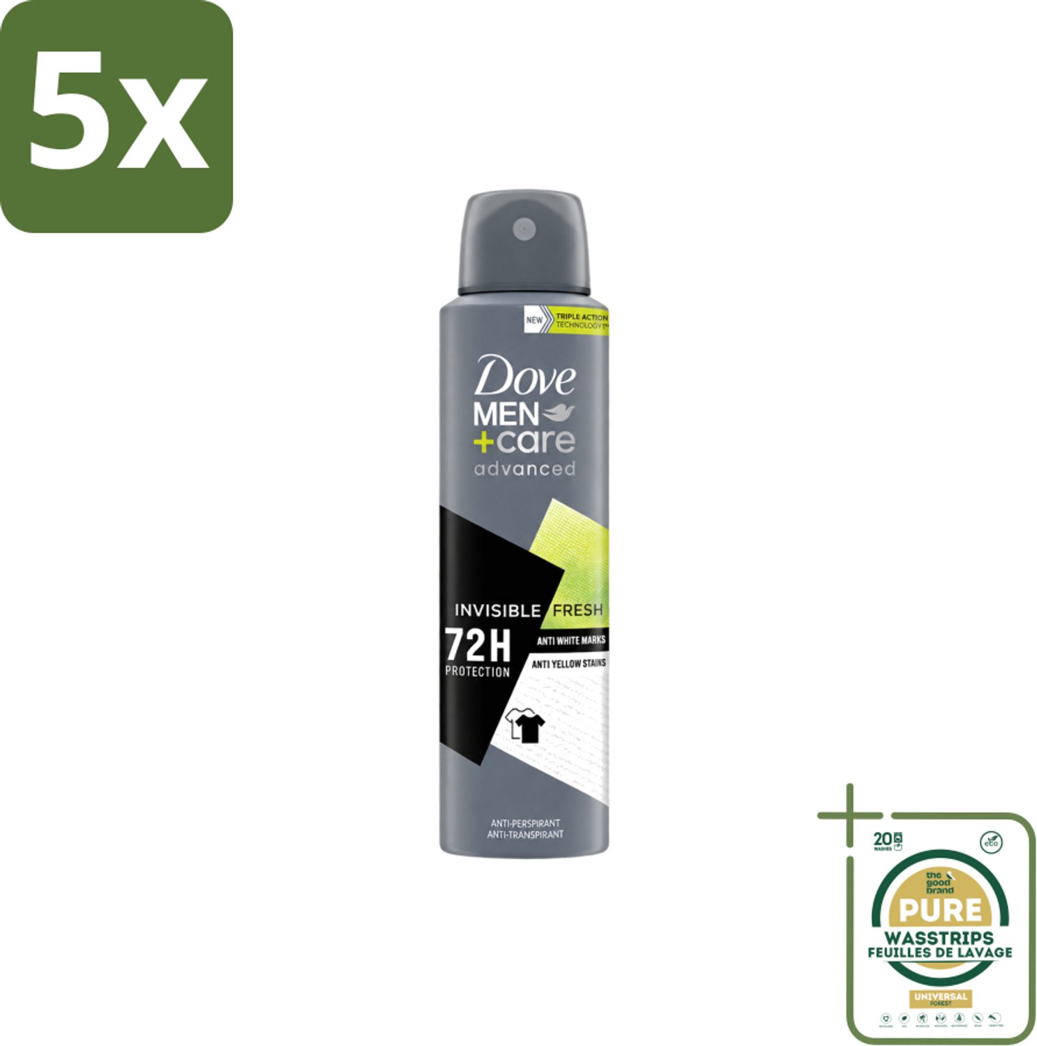 5 x Dove Men+Care – Deodorant Spray – Advanced Invisible Fresh – 150 ml - Wasstrips - Deodorant Spray Voor Mannen - Geur Tegen Zweet - Verzorging Okselhuid - Frisheid - Zweetgeur