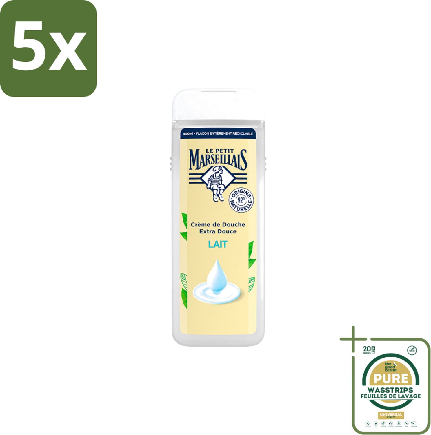 5 x Le Petit Marseillais – Douchecrème – Lait – 400 ml - Wasstrips - Douchecrème - Lait Douchecrème - Hydraterende Douchecrème - Zachte Douchecrème - Natuurlijke Douchecrème
