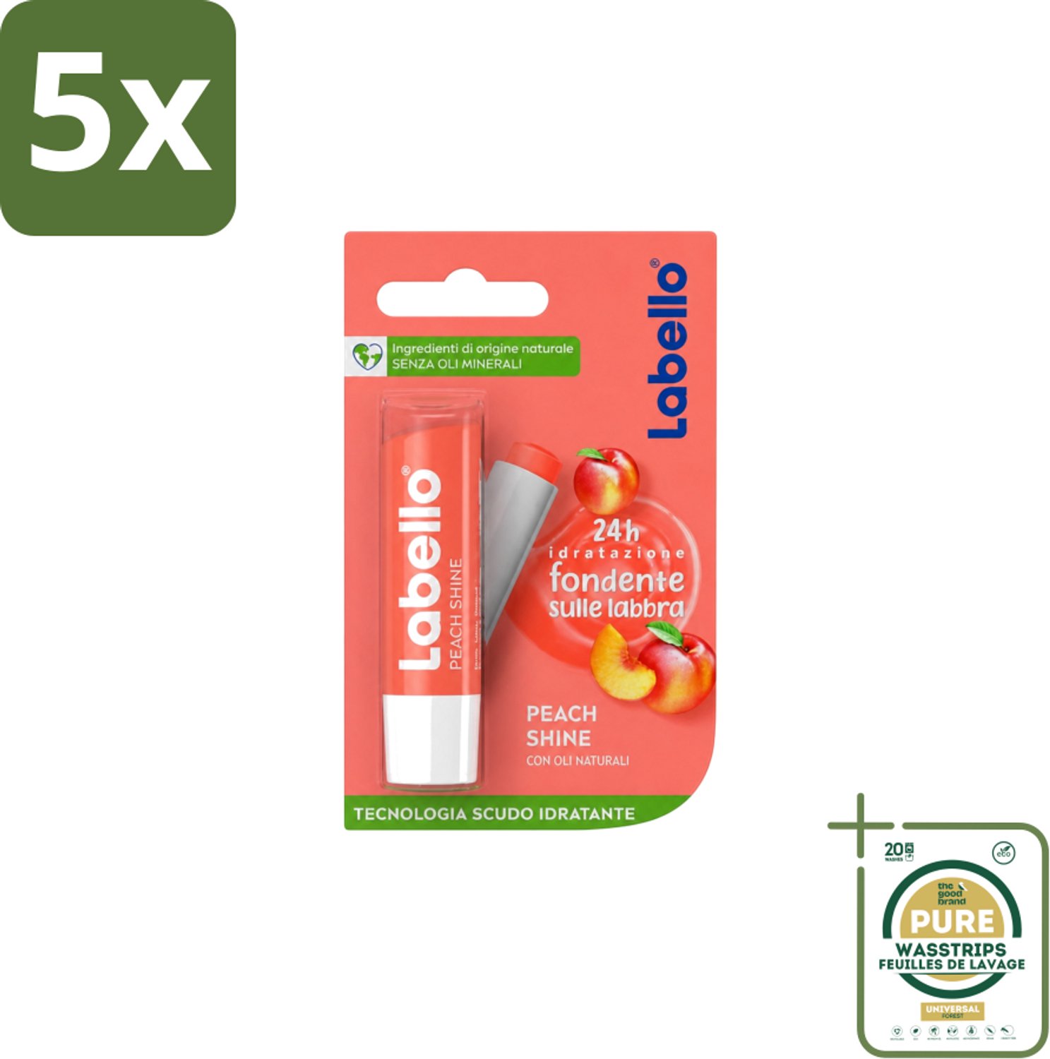 5 x Labello – Lippenbalsem – Fruity Peach Shine – Vegan - Wasstrips - Vegan Lippenbalsem - Lippenbalsem - Lippenverzorging - Natuurlijke Lippenbalsem - Fruitige Lippenbalsem