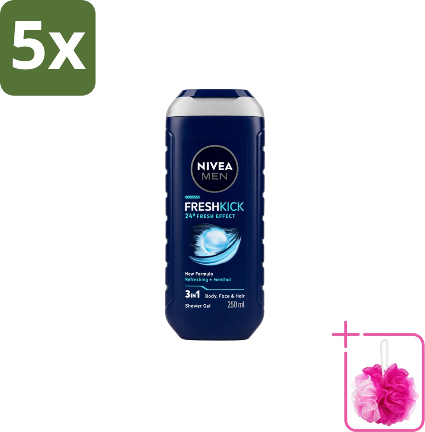 5 x Nivea Men – Douchegel – Fresh Kick – 250 ml - Bulkverpakking - Douchegel - Douchemop - Verfrissend