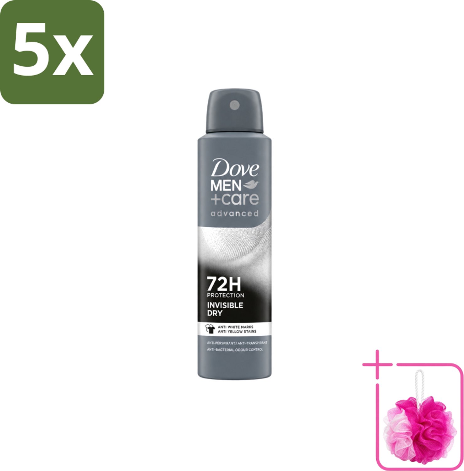 5 x Dove Men+Care – Deodorant Spray – Invisible Dry – 150 ml - Bulkverpakking - Deodorant spray mannen - Douchemop - Transpiratiegeur
