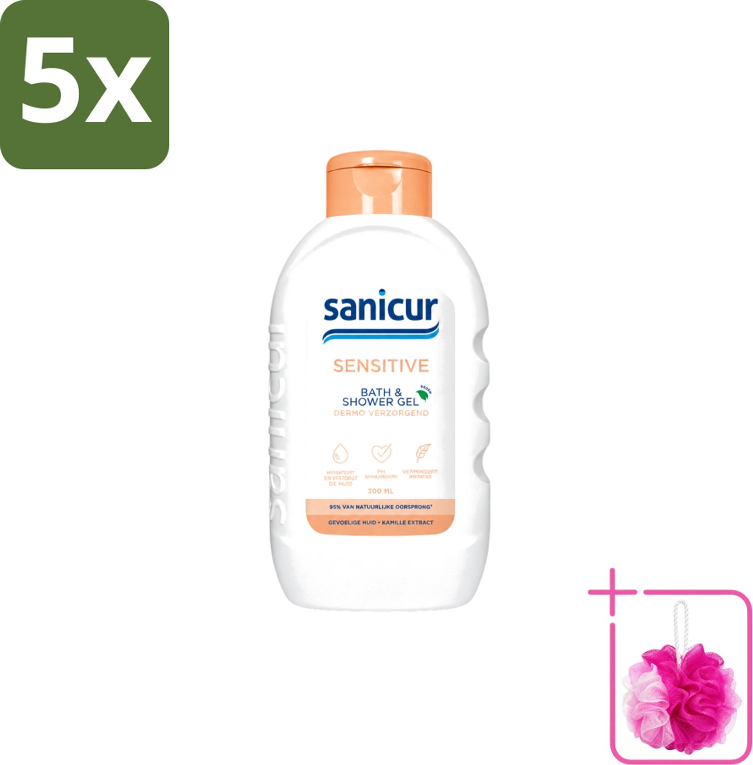 5 x Sanicur – Bad & Douchegel – Sensitive – 300 ml - Bulkverpakking - Gevoelige huid - Douchemop - Bad en douchegel