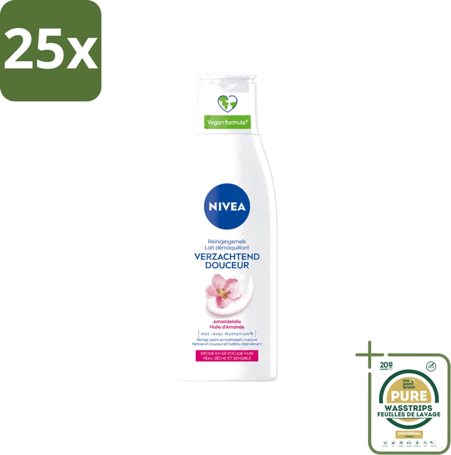 25 x Nivea - Gezichtsreiniger - Droge en Gevoelige Huid - Amandelolie - Hydramine - 200 ml - Wasstrips - Gezichtsreiniger - Droge Huid - Gevoelige Huid - Amandelolie - Hydramine