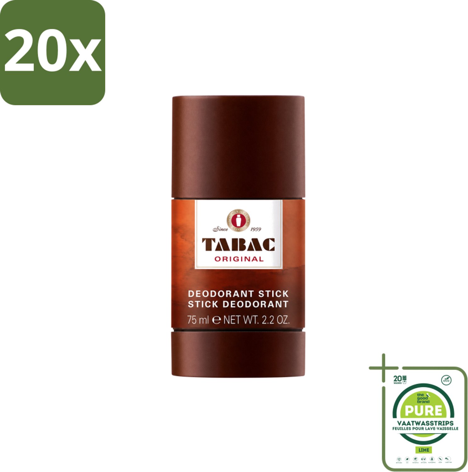 20 x Tabac Original - Deodorant Stick - Langdurige frisheid - 75 ml - Grootverpakking - Vaatwasstrips - Deodorant Stok - Zweetvervoeging - Geur - Mannelijke Geur - Frisheid