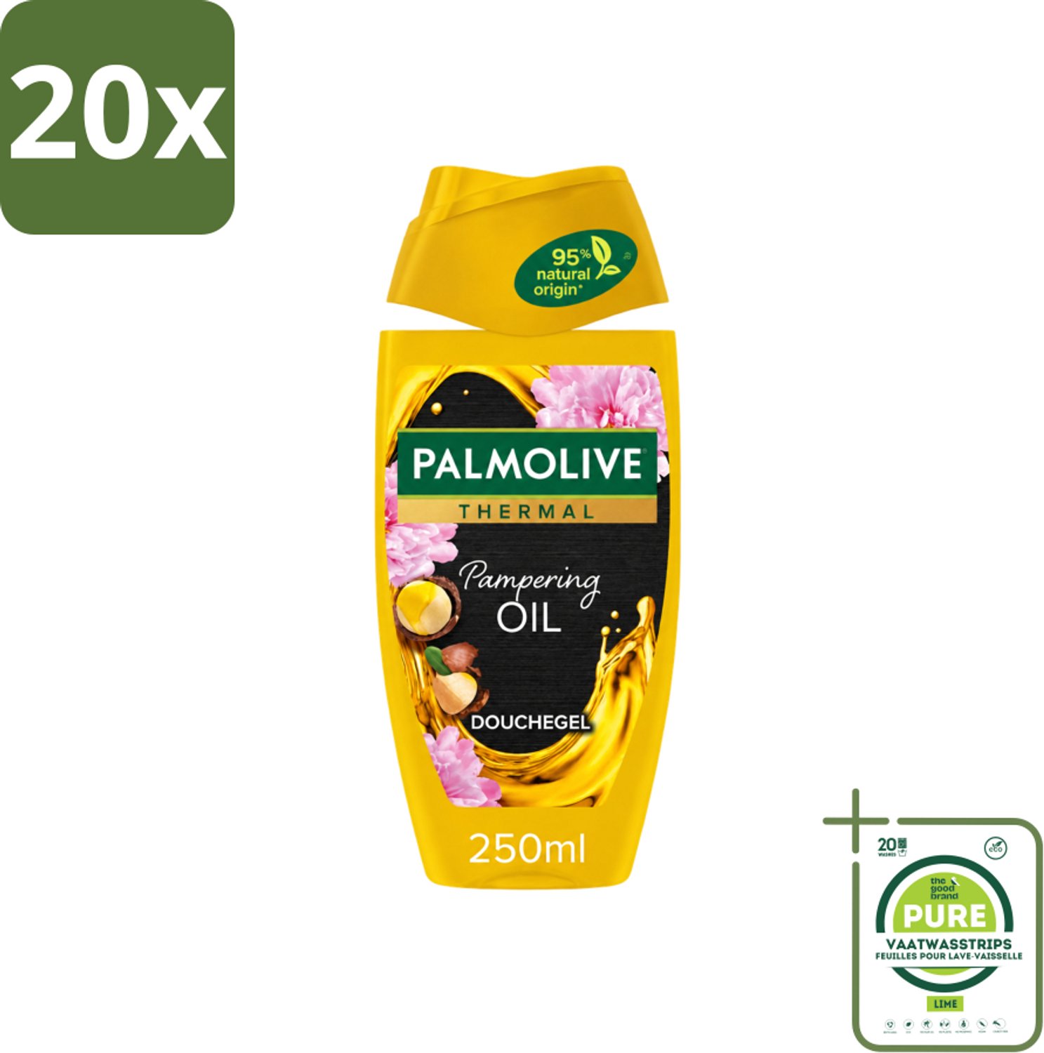 20 x Palmolive Thermal - Douchegel - Pampering Oil - Verzorgend & Herstel - 250 ml - Grootverpakking - Vaatwasstrips - Douchegel - Huid Verzorging - Macadamiaolie - Herstel - Hydrateren