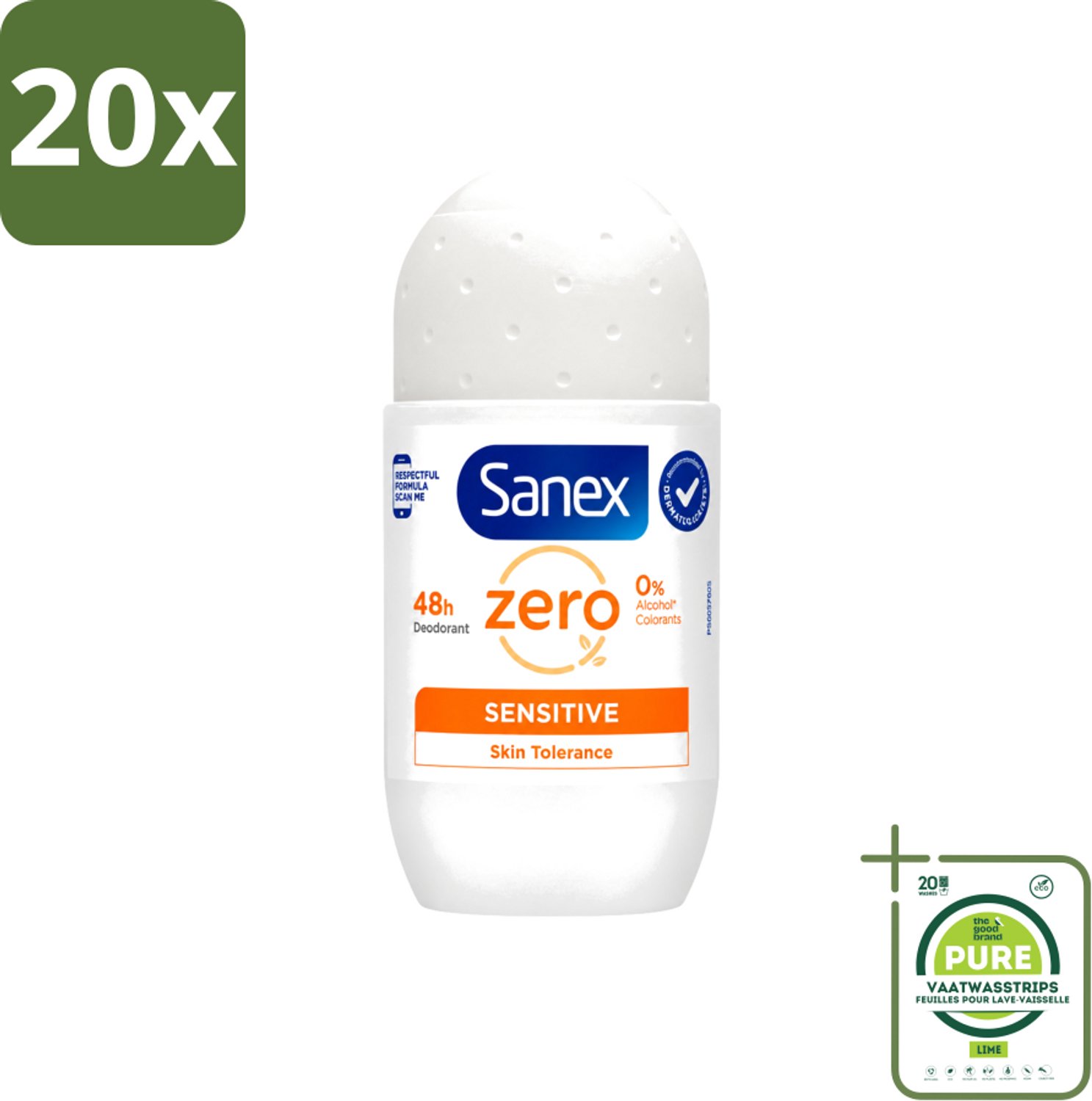 20 x Sanex - Deodorant - Roller - Zero% - Sensitive - Zonder Alcohol & Parabenen - 50 ml - Grootverpakking - Vaatwasstrips - Deodorant Zonder Alcohol - Deodorant Zonder Parabenen - Gevoelige Huid - Milde Deodorant - Langdurige Bescherming
