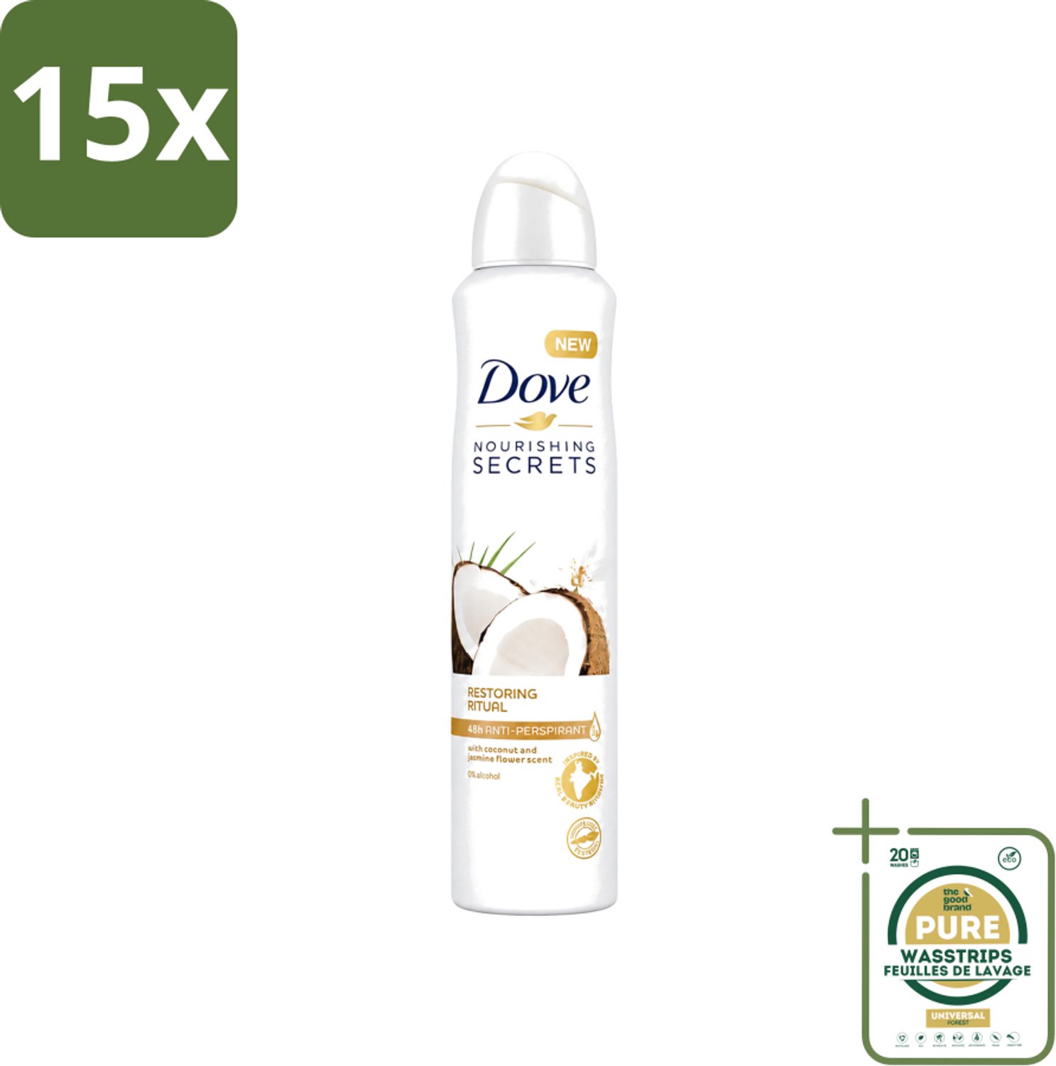 15 x Dove - Deodorant - Coconut & Jasmine Flower - Tropisch en verzorgend - 250 ml - Wasstrips - Dove Deodorant - Kokos En Jasmijn - Anti-transpirant Spray - Verzorgende Deodorant - Geur Van Kokos En Jasmijn