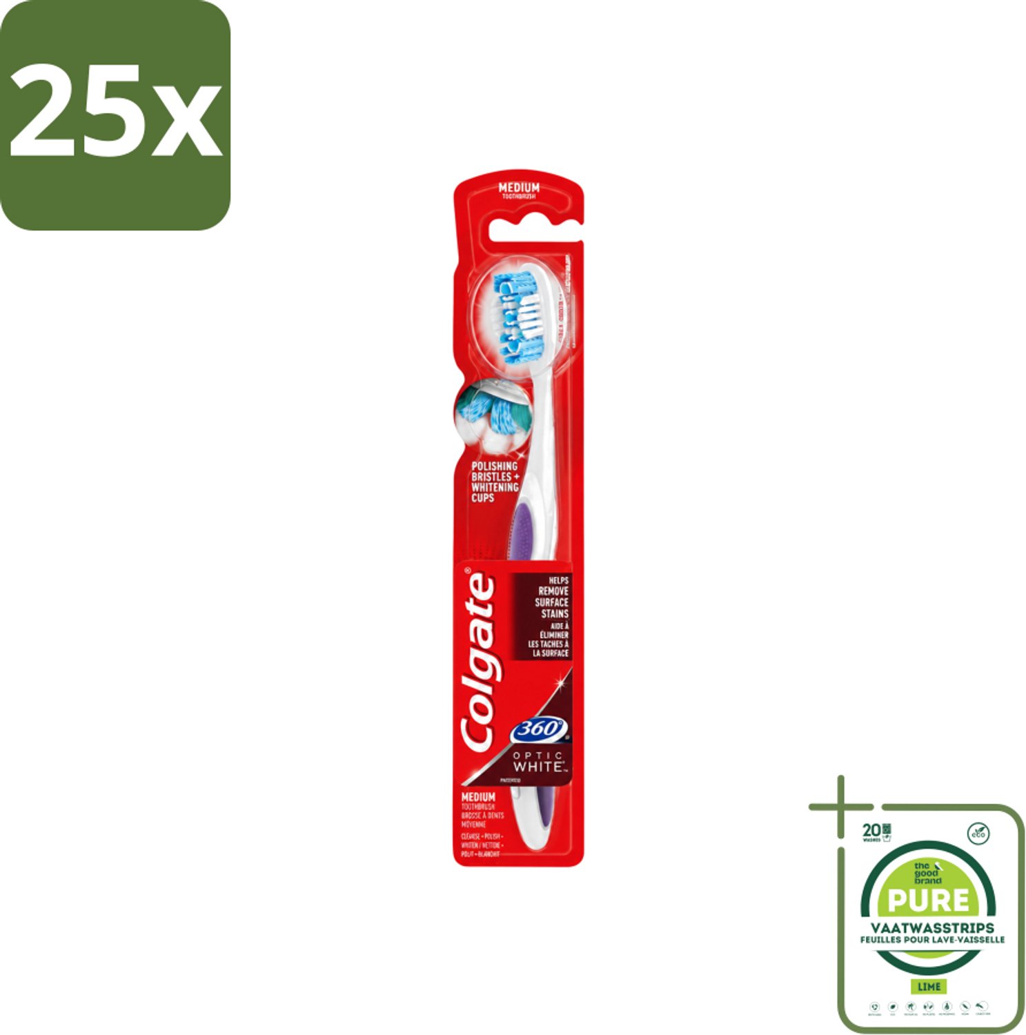 25 x Colgate - Tandenborstel - 360 Optic White Medium- Wit - 1 Tandenborstel - Grootverpakking - Vaatwasstrips - Tandenborstel - Tanden Reinigen - Wittere Tanden - Mondverzorging - Tong Reinigen