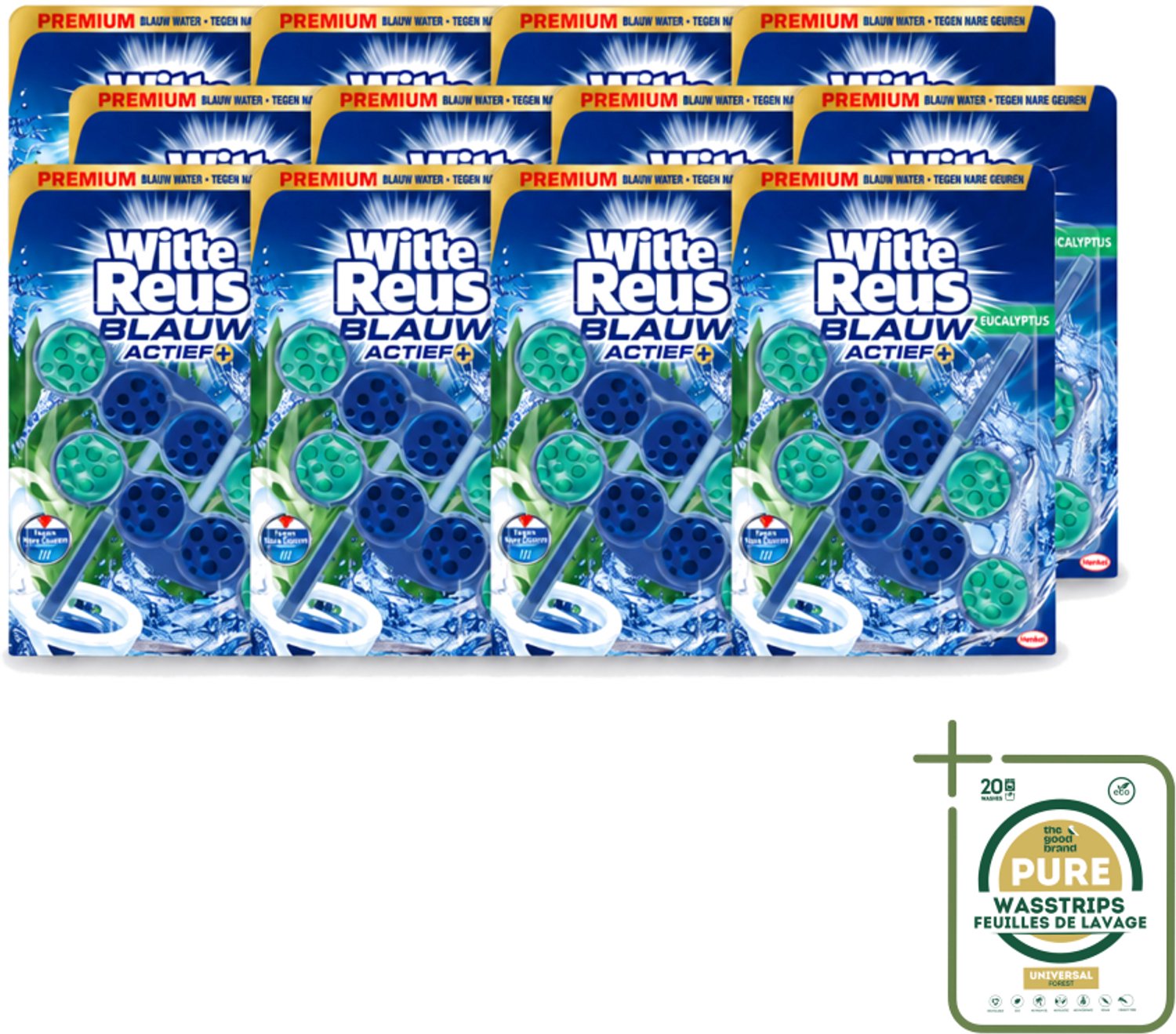12 x Witte Reus - Toiletblok - Blauw Actief Eucalyptus - 2 Toiletblokken - Wasstrips - Toiletblok - Blauw Actief Eucalyptus - Reinigend Schuim - Kalkaanslag Voorkomen - Frisse Geur