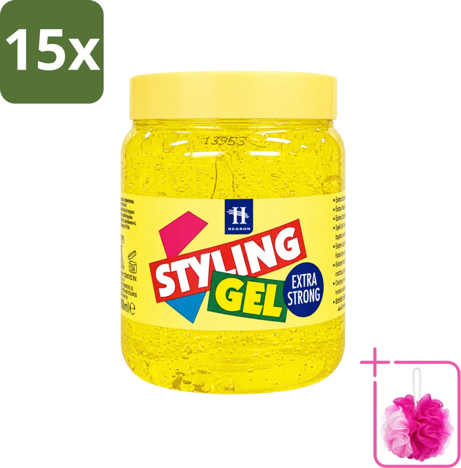 15 x Hegron - Styling Haargel - Extra Strong - Voor Sterke Fixatie - 500 ml - Bulkverpakking - Haarkleur - Douchemop - Haartype