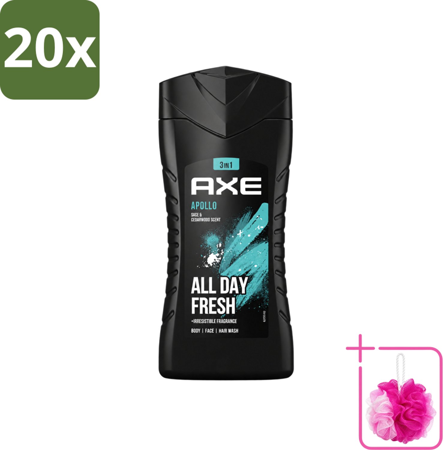 20 x Axe - 3-in-1 Douchegel - Apollo - Sage & Cedarwood - 250 ml - Bulkverpakking - Douchegel - Douchemop - Mannelijke geur