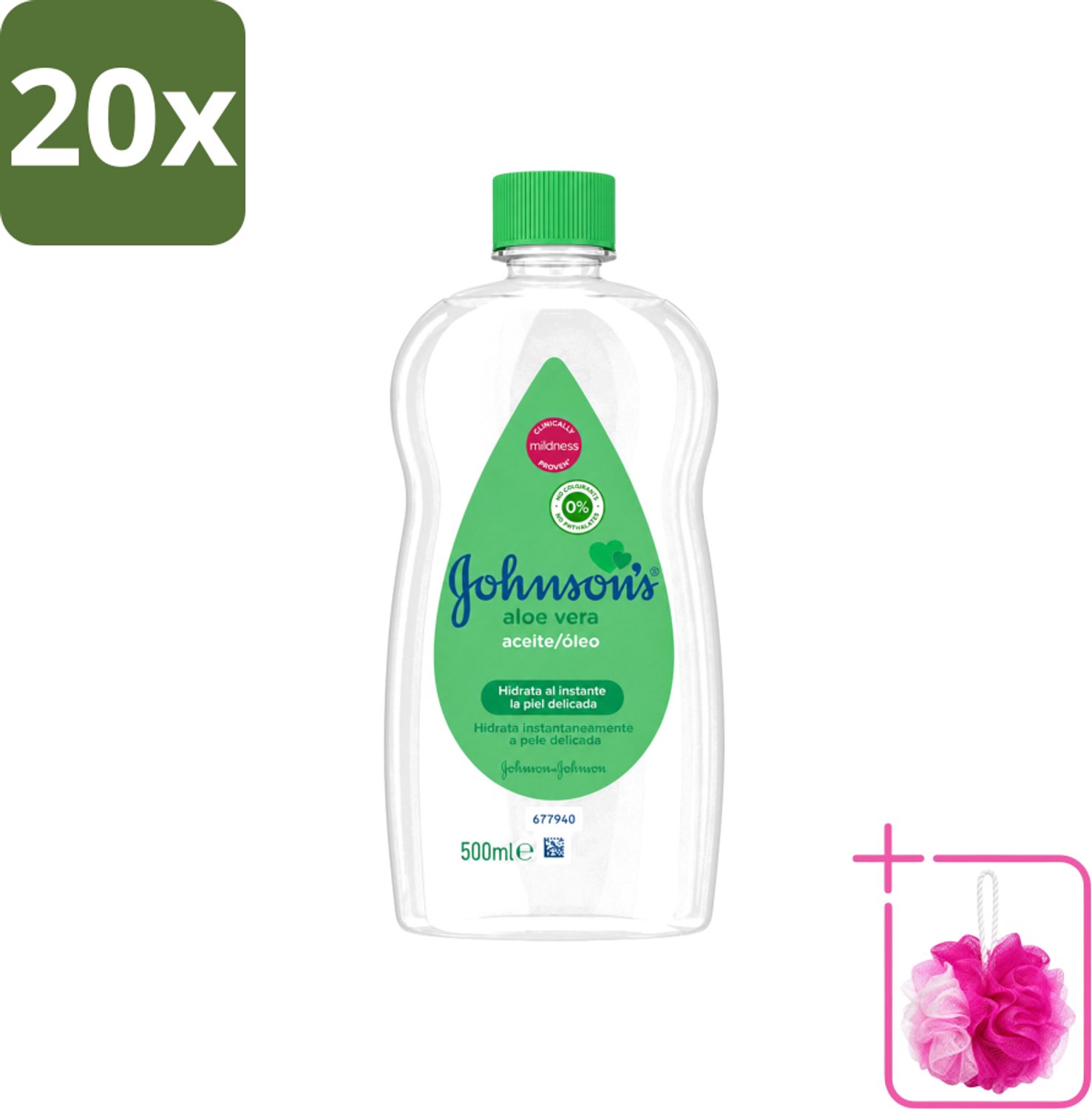 20 x Johnson's - Baby Olie - Aloe Vera - Hydrateerd Gevoelige Huid - 500 ml - Bulkverpakking - Babyolie - Douchemop - Aloe vera