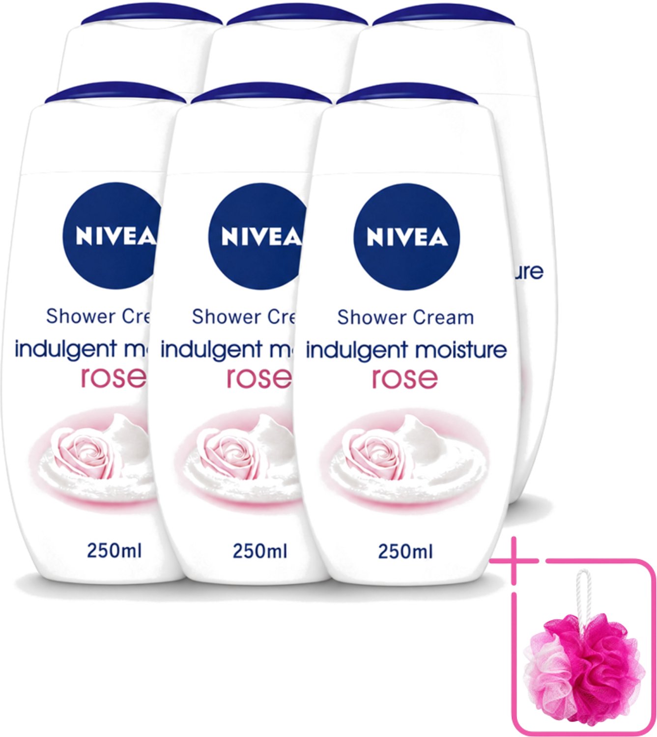 6 x Nivea - Shower Indulgent Moisture Rose Douchecrème - 250 ml - Bulkverpakking - Douchecrème - Douchemop - Hydraterende douchecrème