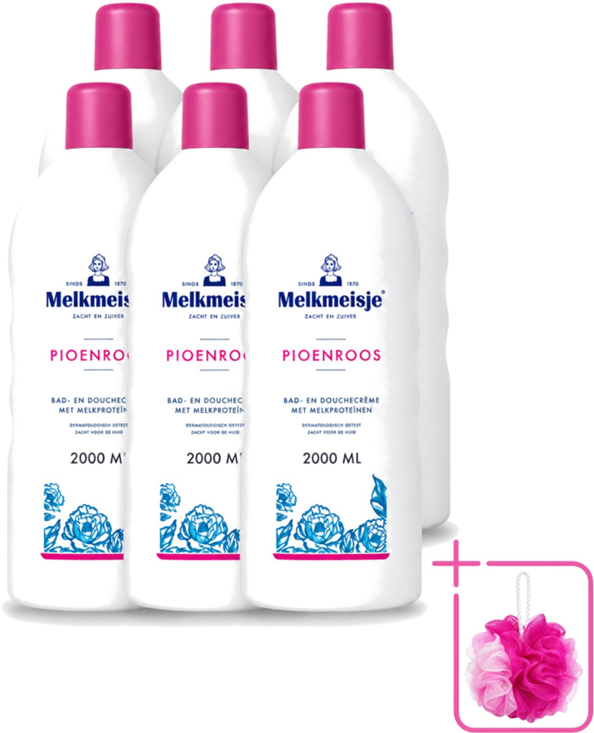 6 x Melkmeisje - Bad & Douche - Pioenroos Geur - Verzorgend & Hydraterend - 2000 ml - Bulkverpakking - Douchecrème - Douchemop - Melkmeisje