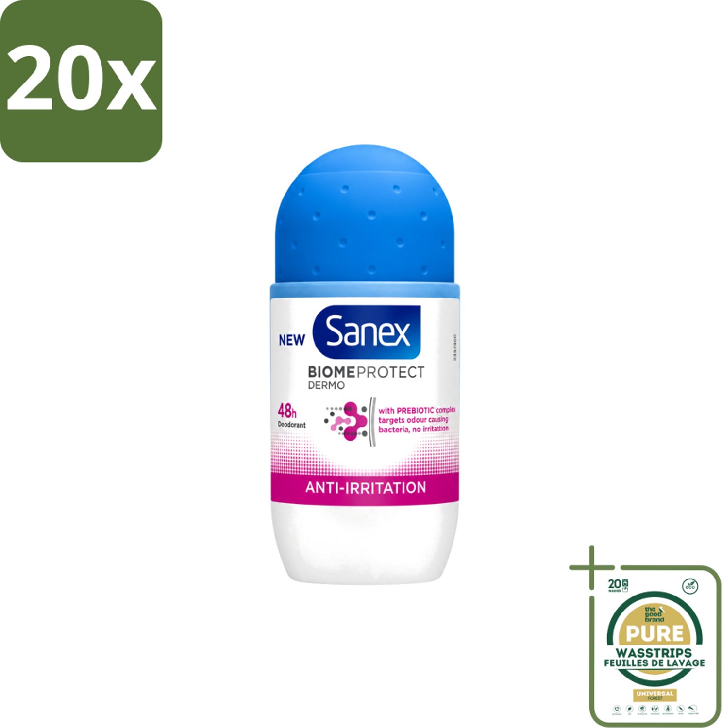 20 x Sanex – Deo Roll-on – BiomeProtect Dermo Anti-Irritation – 50 ml - Wasstrips - Gevoelige Huid - Anti-irritatie - Huidmicrobioom - Deodorant Roller - Alcoholvrije Deodorant