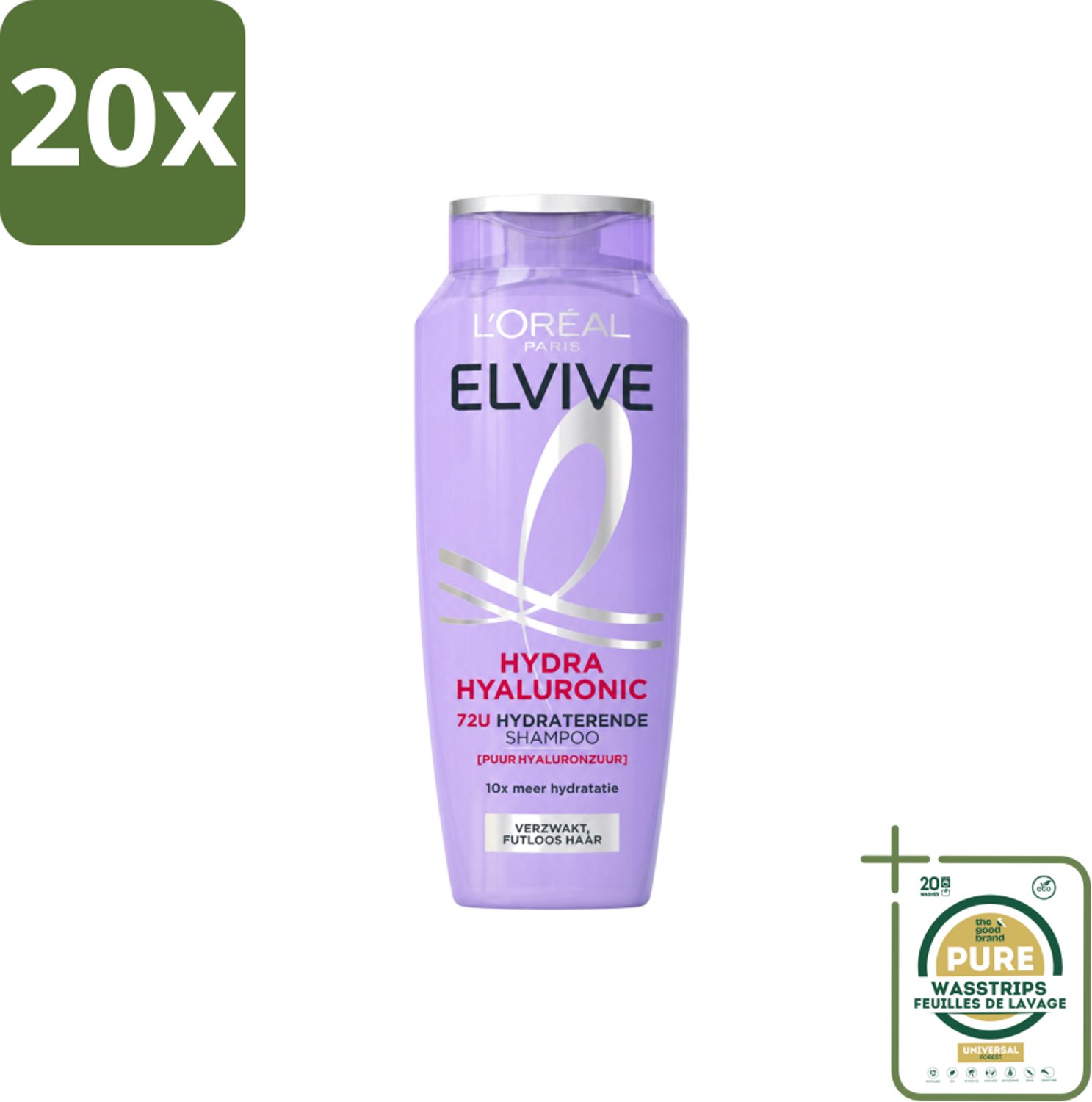 20 x L’Oréal Paris Elvive – Shampoo – Hydra Hyaluronic – Hydraterend – 250 ml - Wasstrips - Hydra Hyaluronic Shampoo - Droog Haar Shampoo - Hyaluronzuur Shampoo - Intensieve Hydratatie - Haar Hydrateren