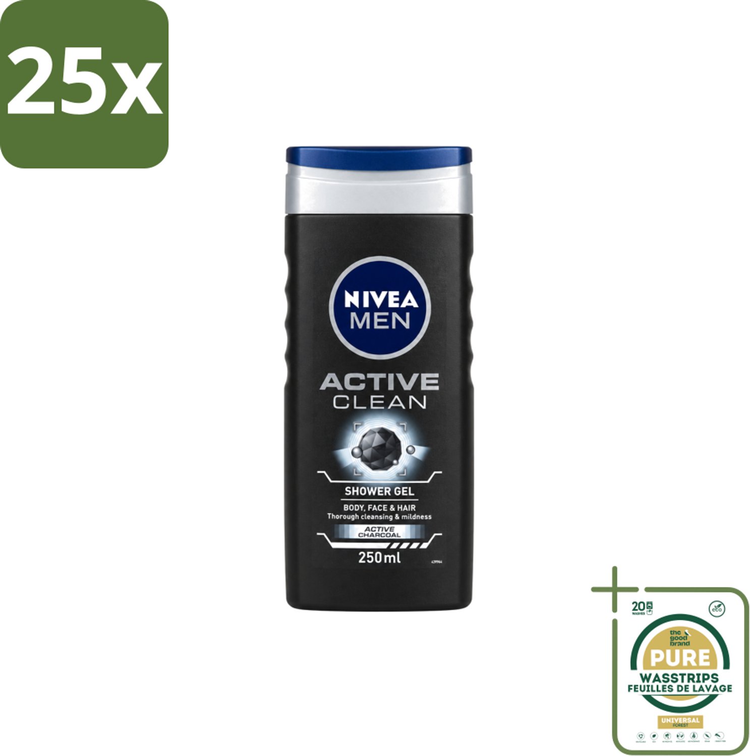 25 x Nivea Men – Douchegel – Active Clean – 250 ml - Wasstrips - Douchegel Mannen - Actieve Houtskool - Reiniging Huid - Vuil Verwijderen - Talg Verwijderen