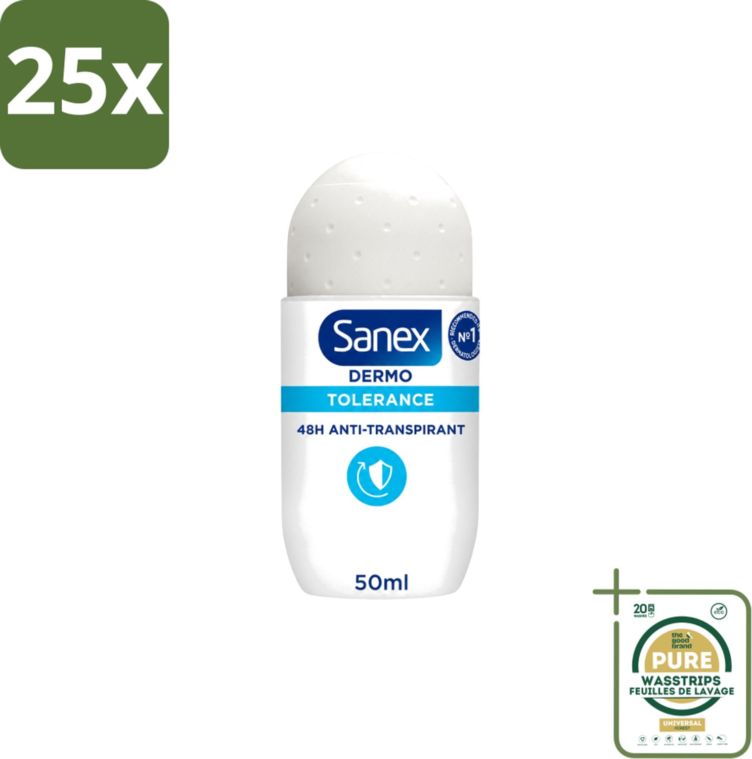 25 x Sanex – Deo Roll-on – Dermo Tolerance – 50 ml - Wasstrips - Gevoelige Huid - Intolerante Huid - Hypoallergene Deodorant - Huidverdraagzaamheid - Geurcontrole