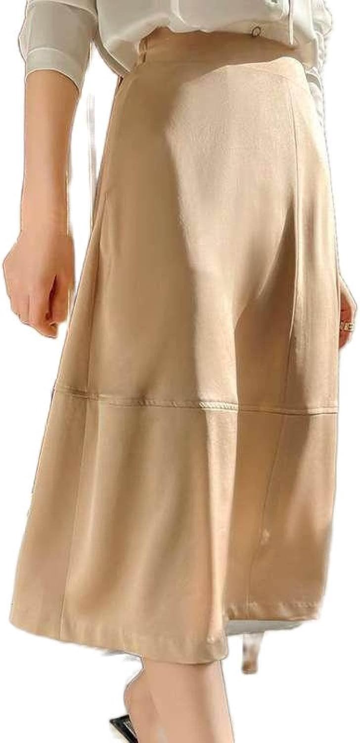 Acetaat Satijn A-Lijn Rok Met Hoge Taille - Zomer Temperament Eenvoudige Paraplu Rok Pure Kleur Veelzijdige Slanke Mid-Length Fairy Rok, Mode Zachte Zijdeachtige Gedrapeerde Rok,Khaki