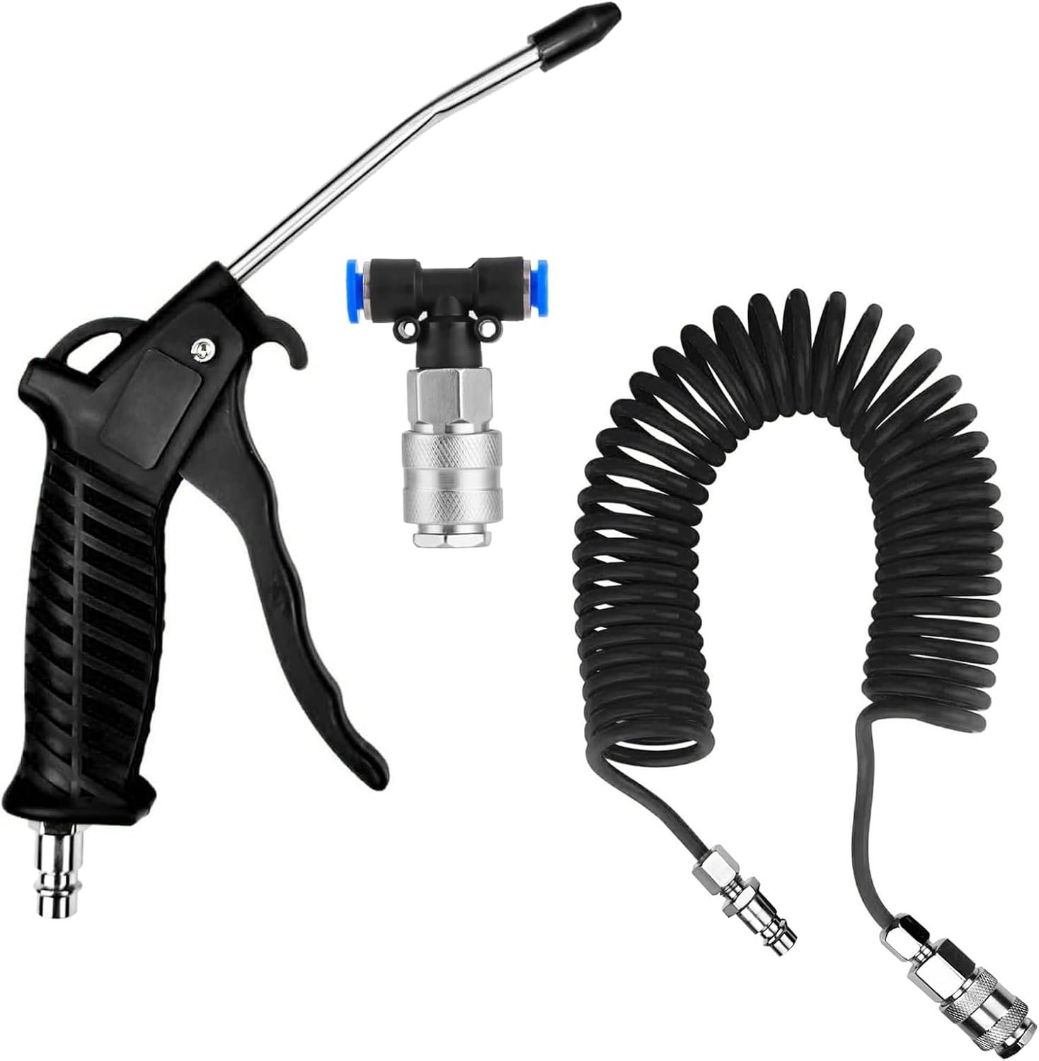 Persluchtpistool met 5 m spiraalslang, Air Duster blaaspistool met T-stuk snelkoppeling, voor vrachtwagen, auto, boot (zwart)