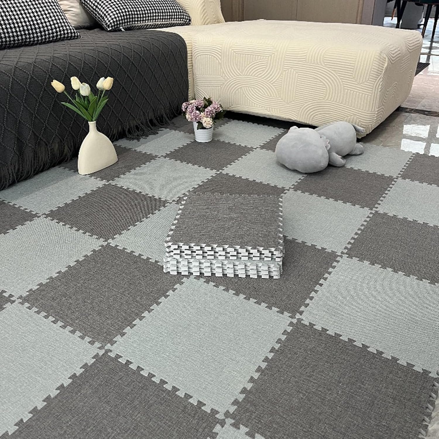 Puzzel Tapijttegels, In Elkaar Grijpende Puzzel Vloermat Tegels, Speelmat Voor Woonkamer, 30X30 Cm (Donkergrijs + Lichtgrijs 0,23 Inch)