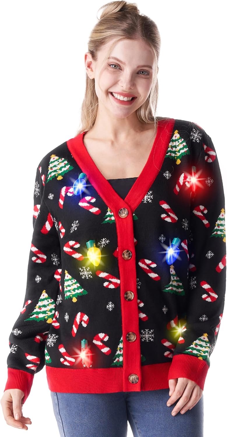 Christmas Sweater for Women, Ugly Xmas Pullover Illuminated, Funny Holiday Knitswear, Black (Black Candy)