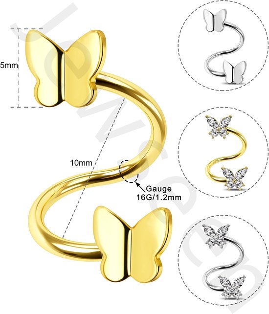 Spiral Oorbellen Vlinder Kraakbeen Oorbellen Roestvrij Staal Spiraal Halter Daith Piercing Sieraden Twisted Lip Labret — afbeelding 5