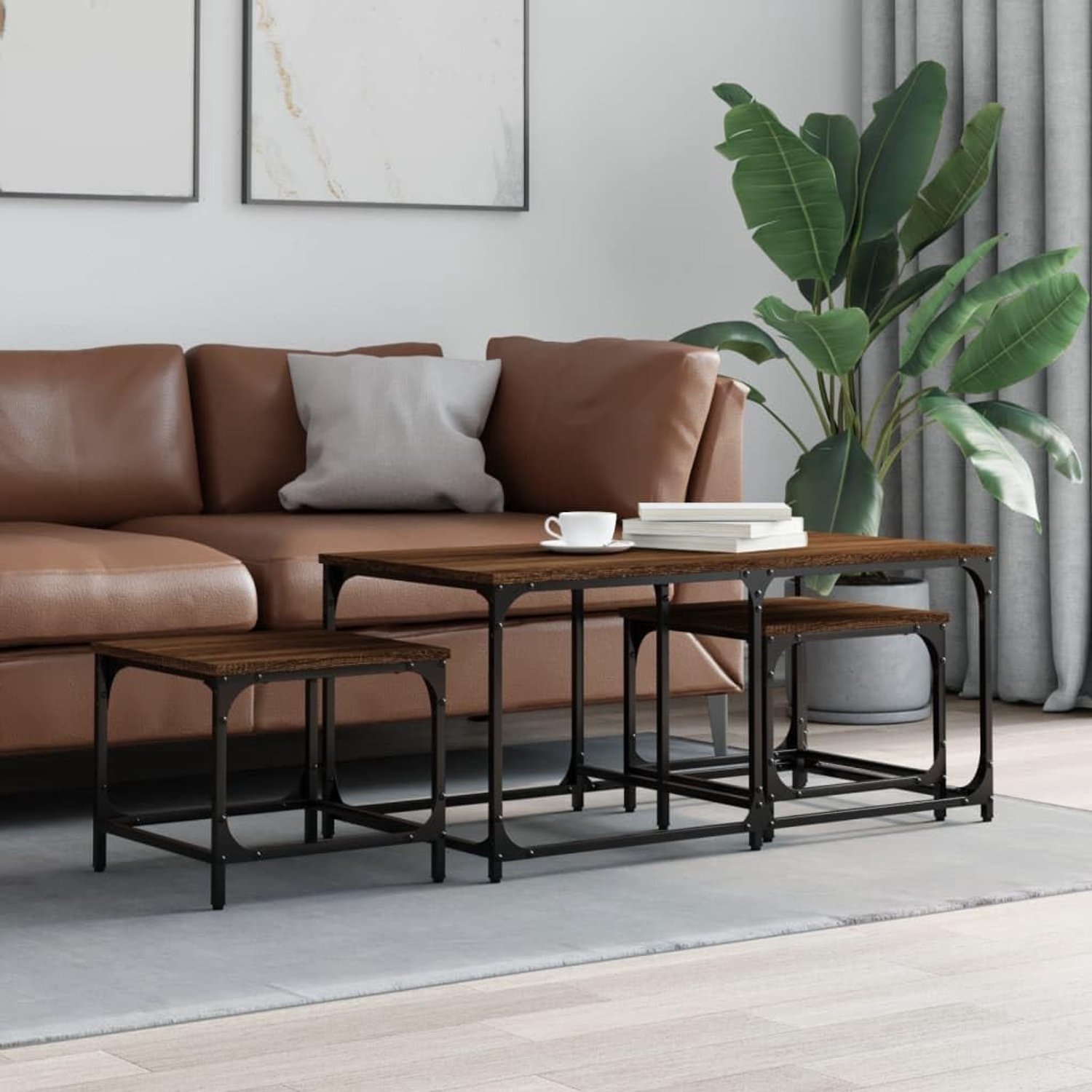 Tafel woonkamer banktafel set tafels 3 stuks. Bruin eiken-look houtmateriaal voor slaapkamer, werkkamer, kantoor