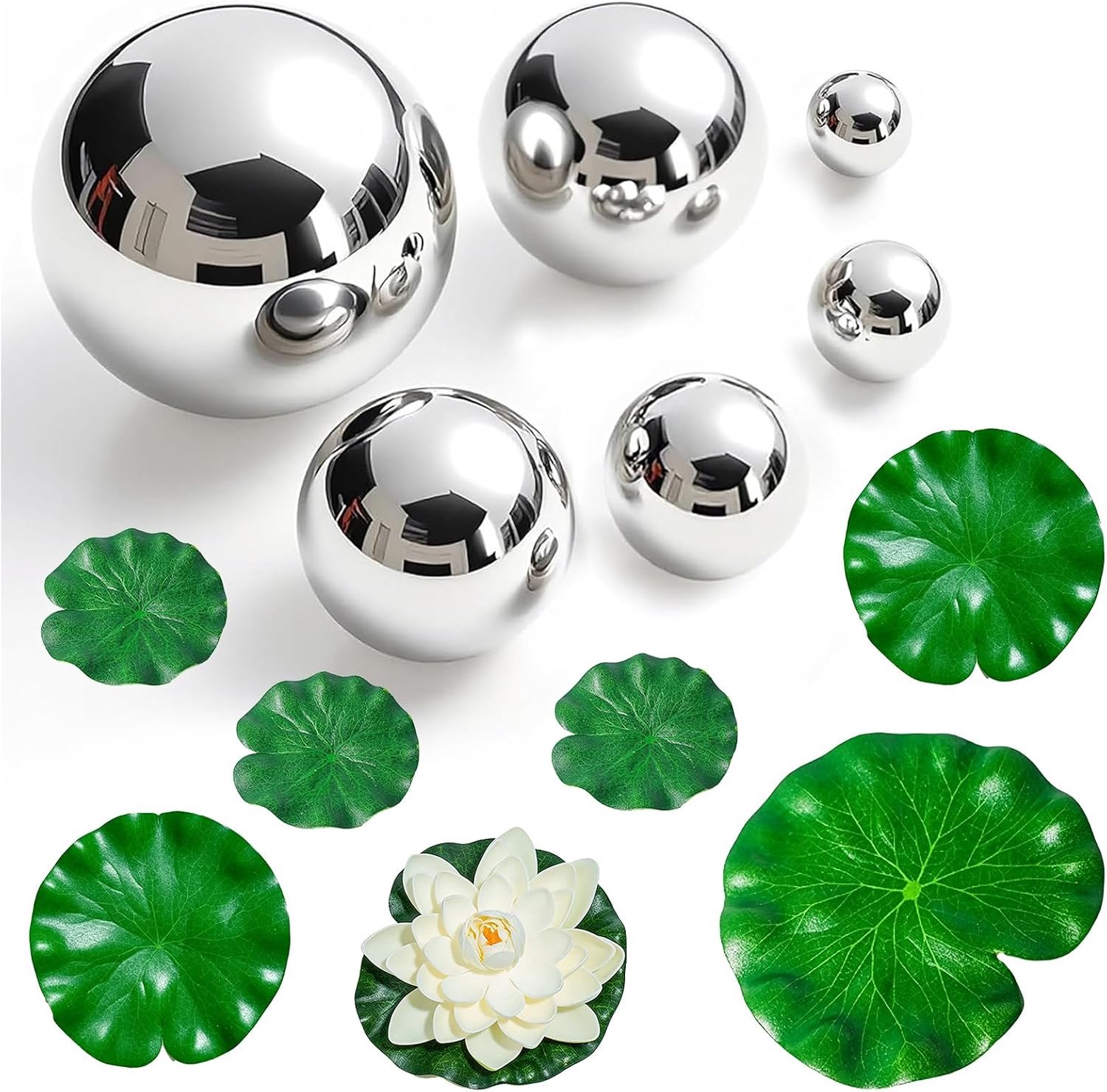 Decoratieve ballen set van 6 - RVS - met drijvende lotusbladeren en bloemen - ideaal voor mini vijvers - Homevero