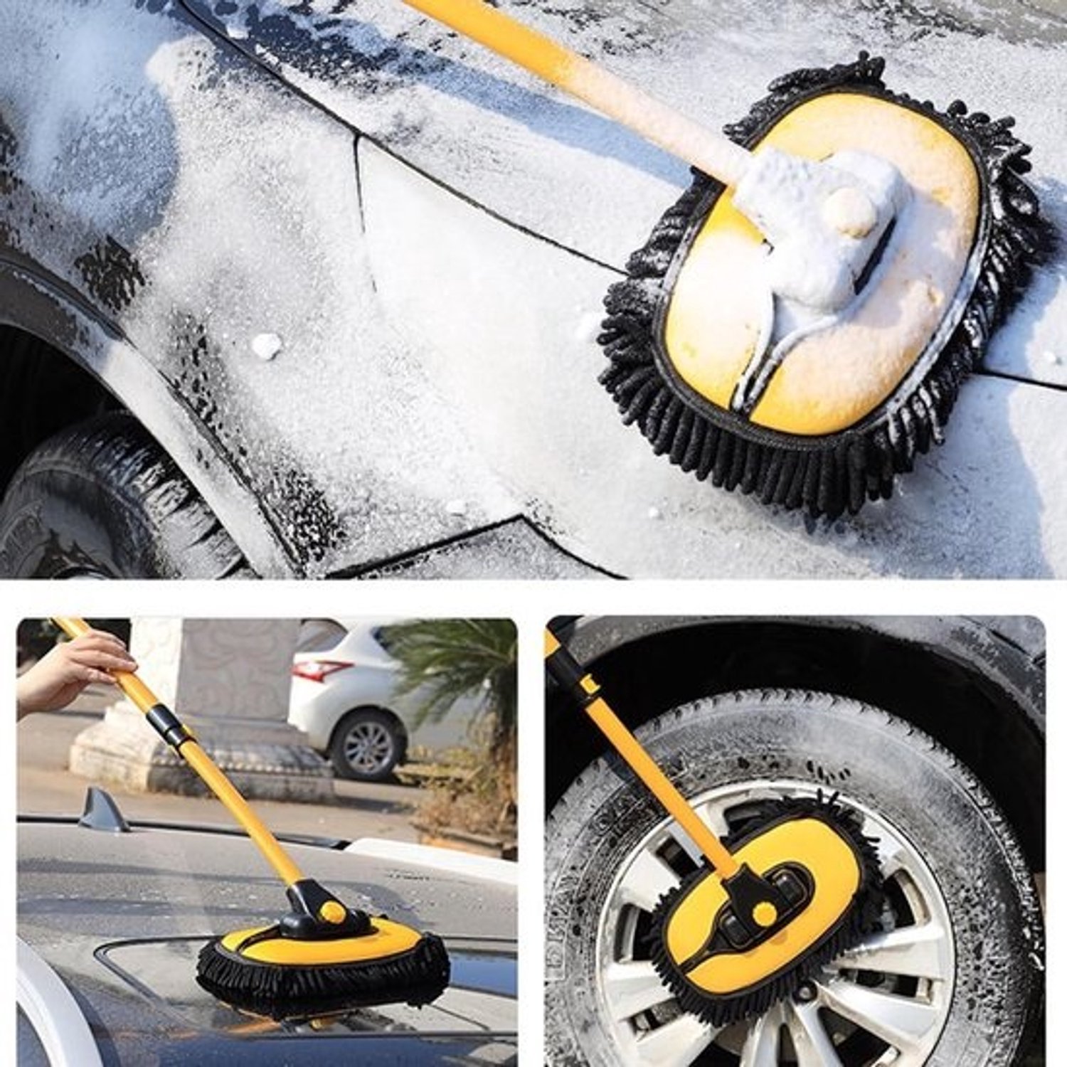Autowasborstel - Reinigingsborstel - Auto poetsen - Uitschuifbare steel - 50-102 cm - Zwart geel