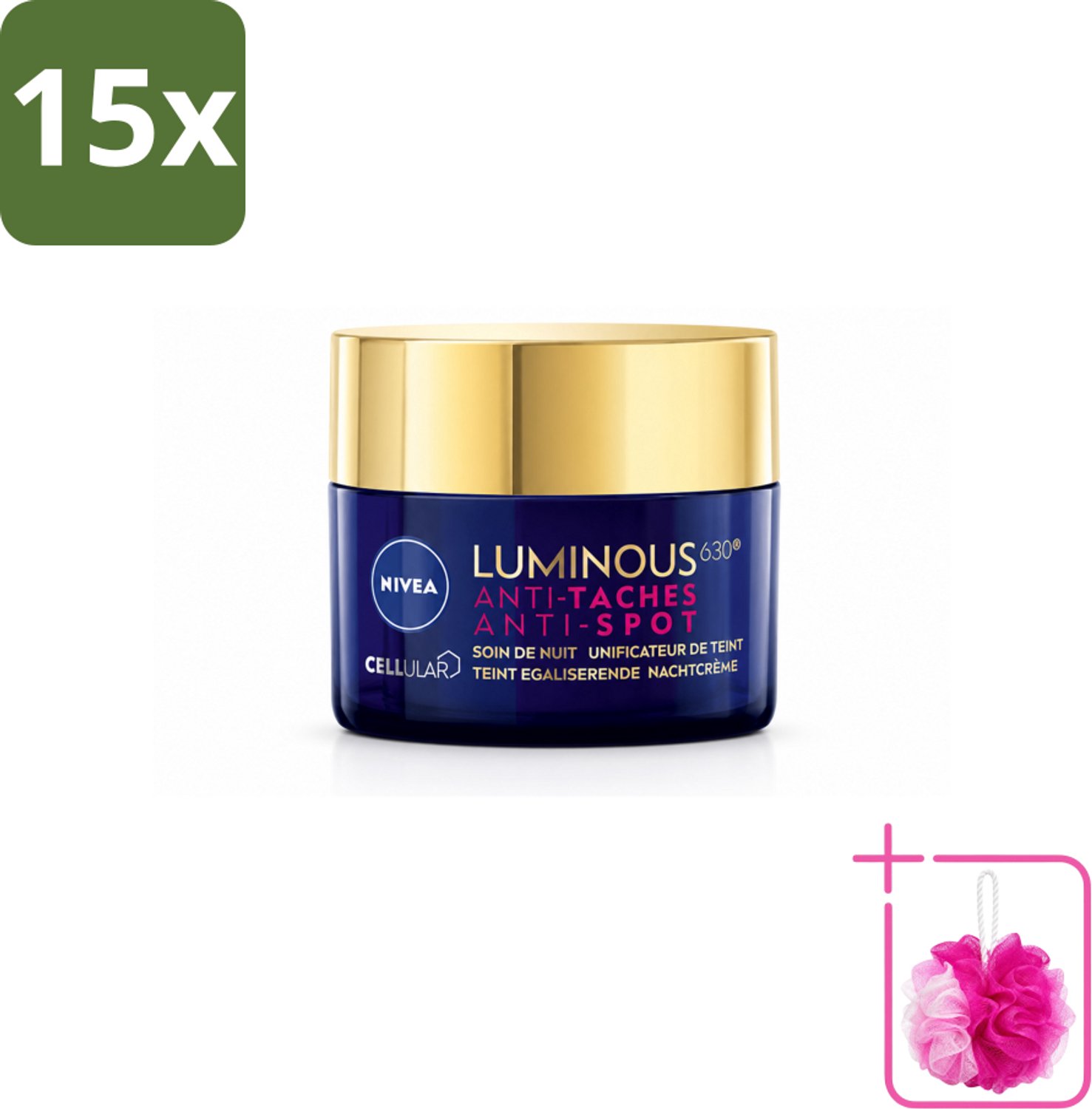 15 x NIVEA - Nachtcrème - CELLular LUMINOUS630 Tegen Vlekken - Egaliserend - Tegen pigmentvlekken - Met Hyaluronzuur - 50 ml - Bulkverpakking - Anti-spot crème - Douchemop - Pigmentvlekken