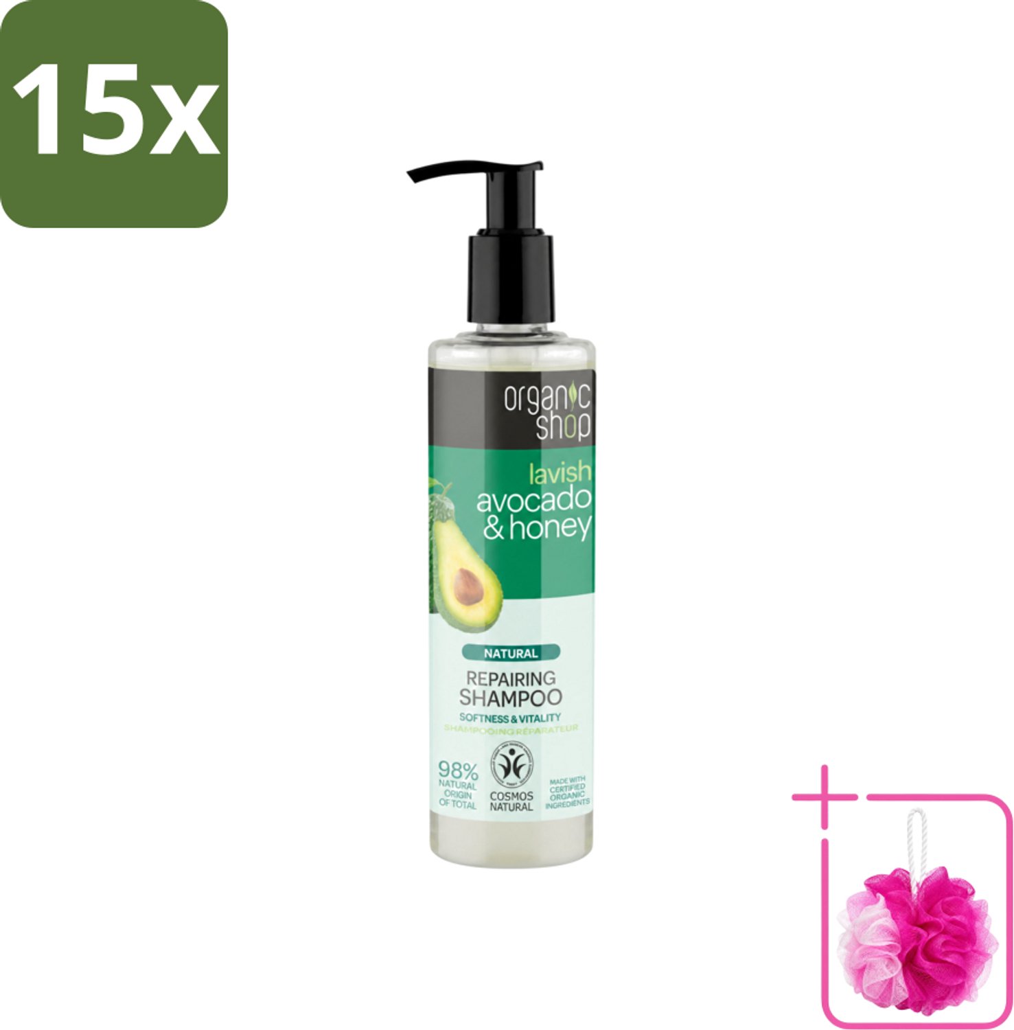 15 x Organic Shop - Natural Repairing Shampoo - Avocado & Honey - Hydraterend en Herstellend - 280 ml - Bulkverpakking - Natuurlijke shampoo - Douchemop - Avocado en honing
