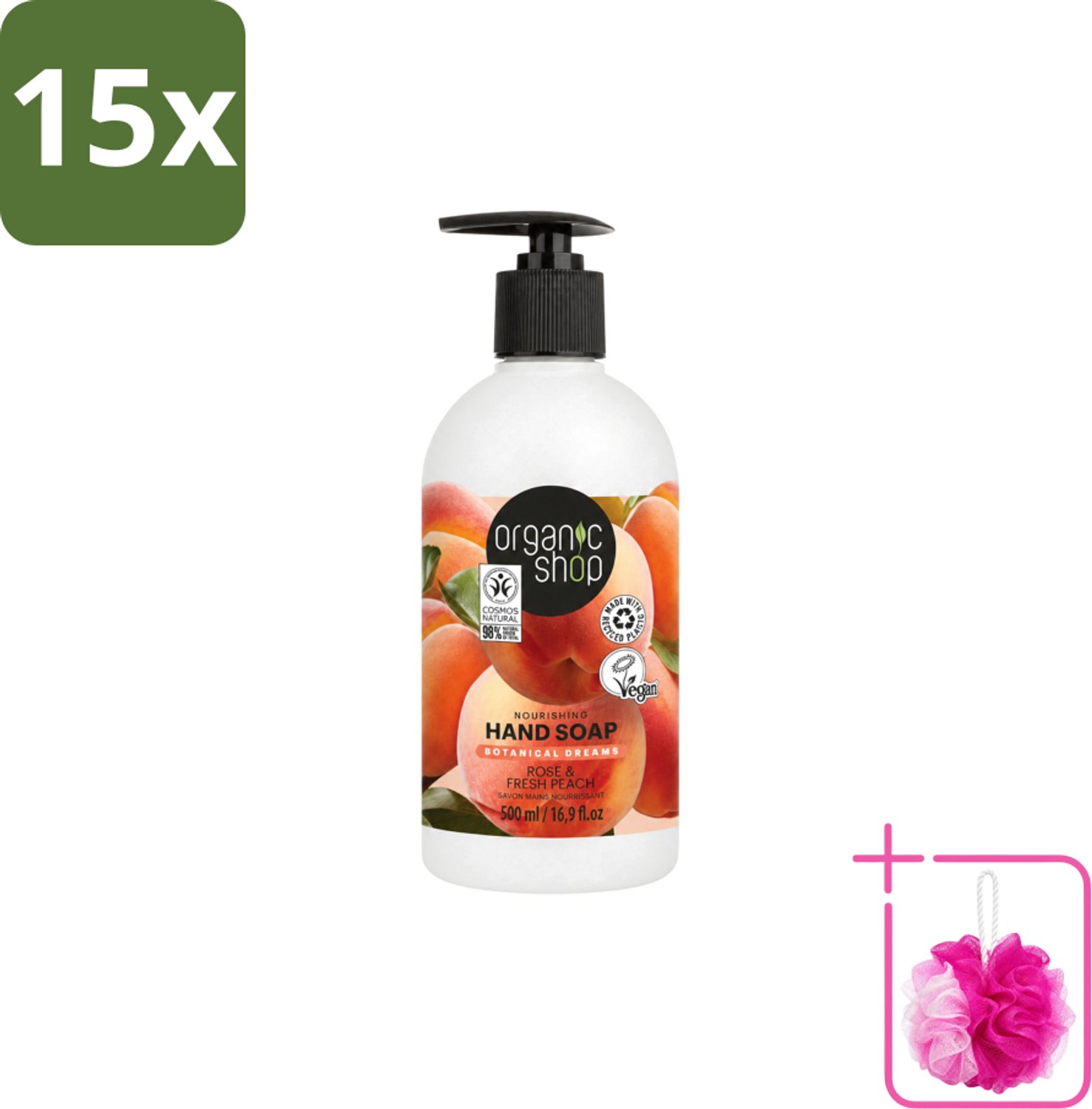 15 x Organic Shop - Handzeep Rose & Peach - Verzorgend en Hydraterend - 500 ml - Bulkverpakking - Handzeep - Douchemop - Natuurlijke handverzorging