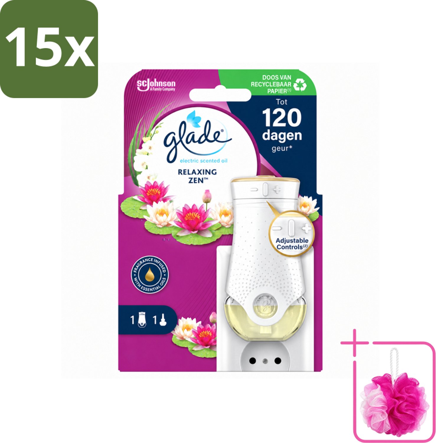 15 x Glade - Houder Elektrische Olie - Relaxing Zen - Bulkverpakking - Relaxatie - Douchemop - Ontspanning