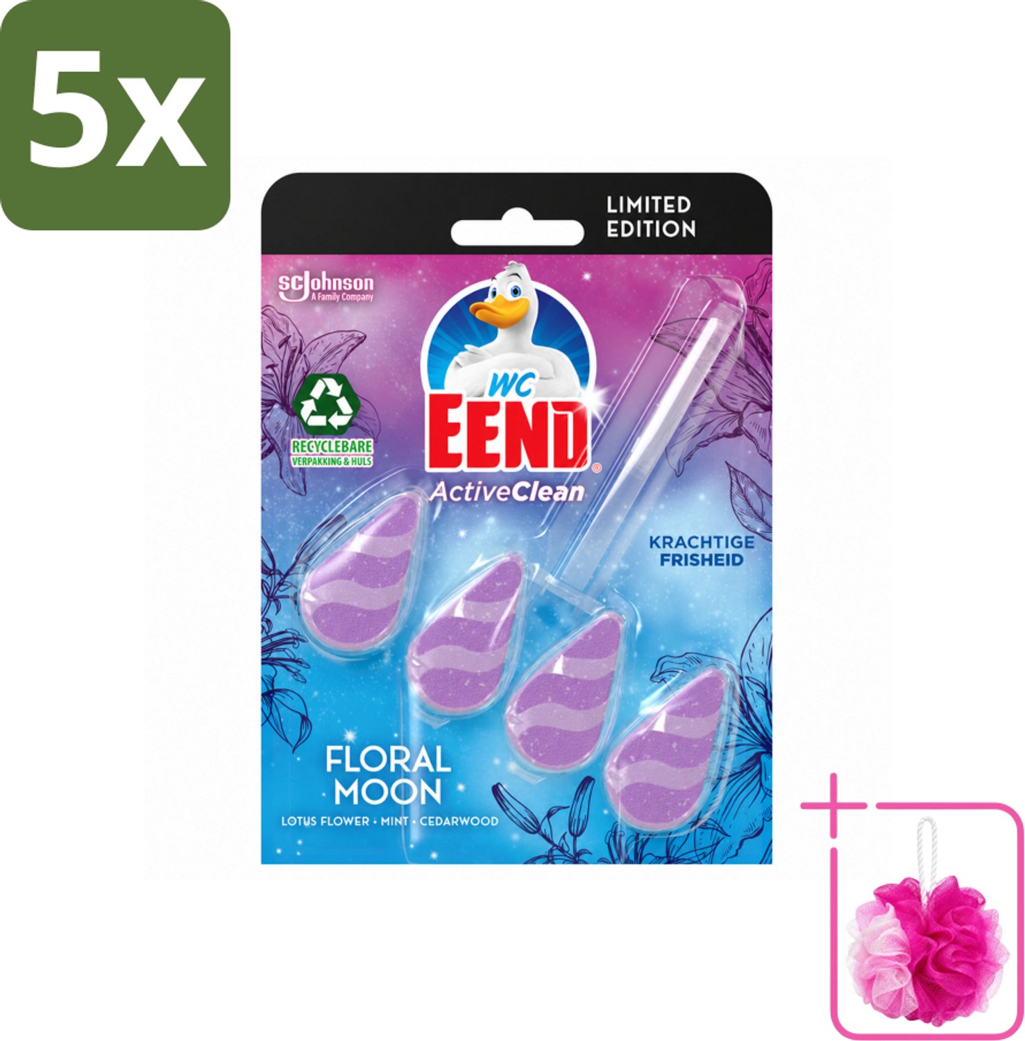5 x WC Eend - Active Clean Floral Moon - Toiletblok - Lotus, Munt & Cederhout Geur - 38 gr - Bulkverpakking - Toiletblok - Douchemop - Geur