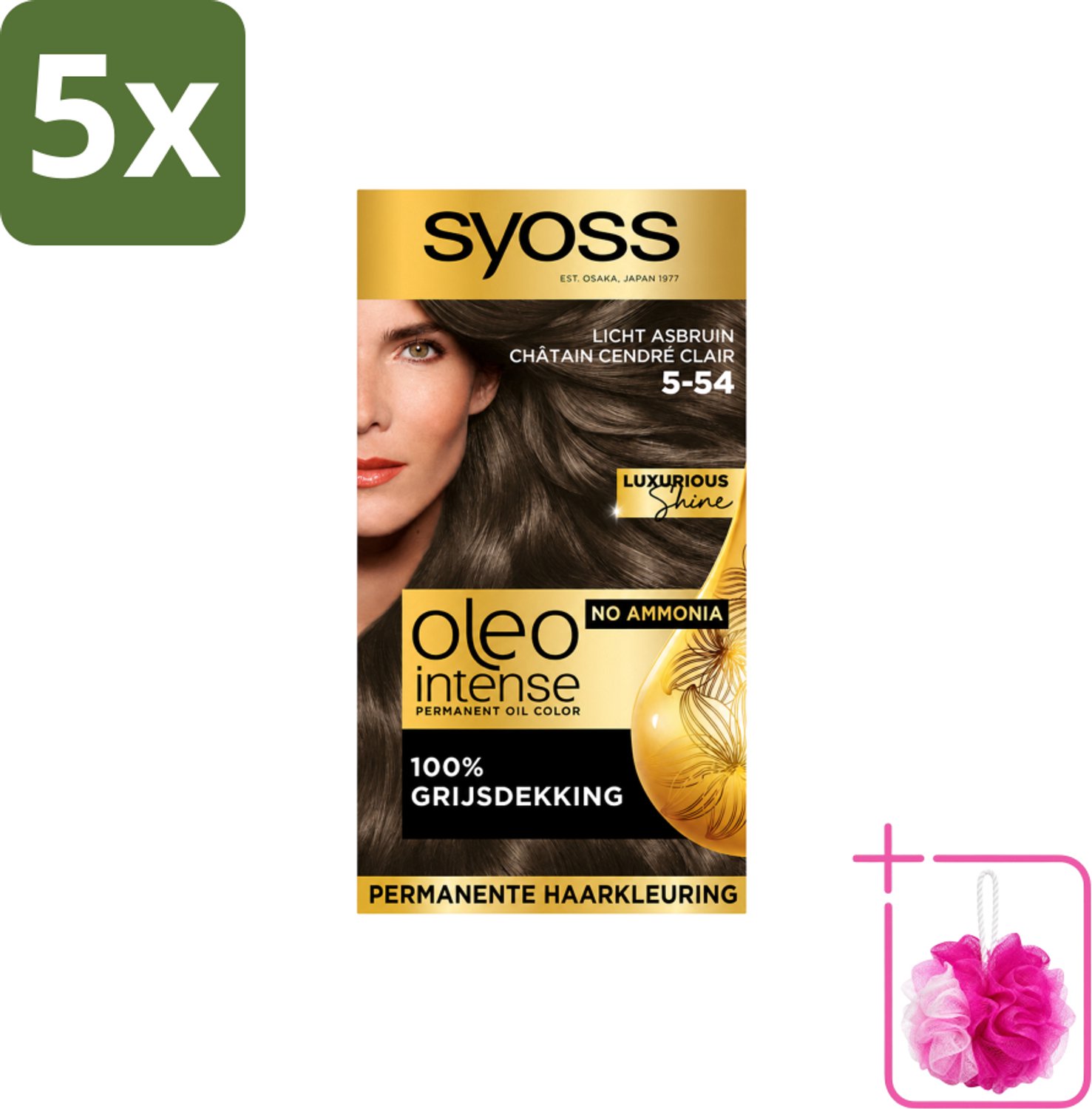 5 x SYOSS - Oleo Intense 5-54 Licht As Bruin - Haarverf - Zonder Ammoniak - Grijsdekking - Langdurige Kleur - Bulkverpakking - Haarkleur - Douchemop - Haarkleuring