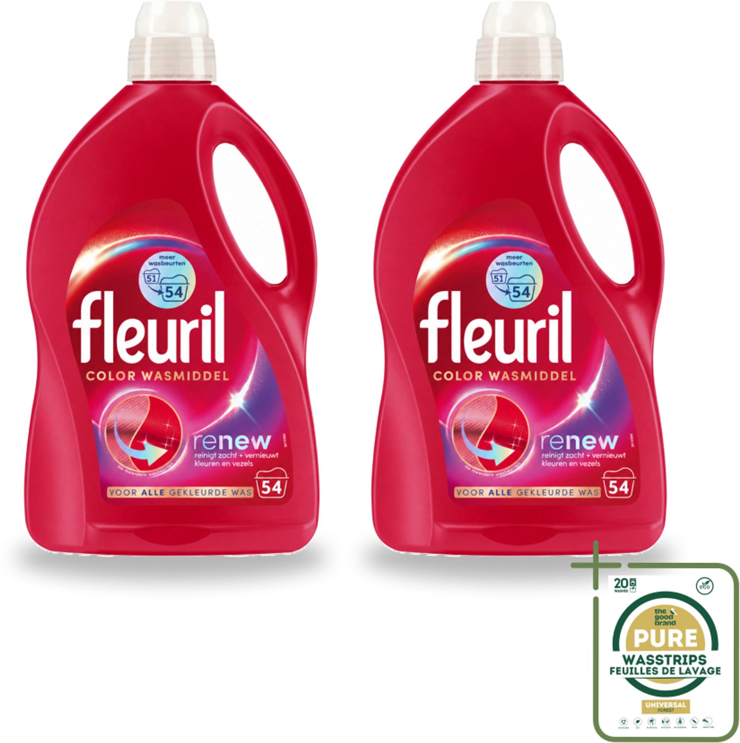 2 x Fleuril - Wasmiddel - Renew Color Vloeibaar Wasmiddel - Gekleurde Was - 54 wasbeurten - Wasstrips - Kleurbehoud - Wasmiddel Voor Gekleurde Was - Vloeibaar Wasmiddel - Frisse Geur - Vezelverzorging