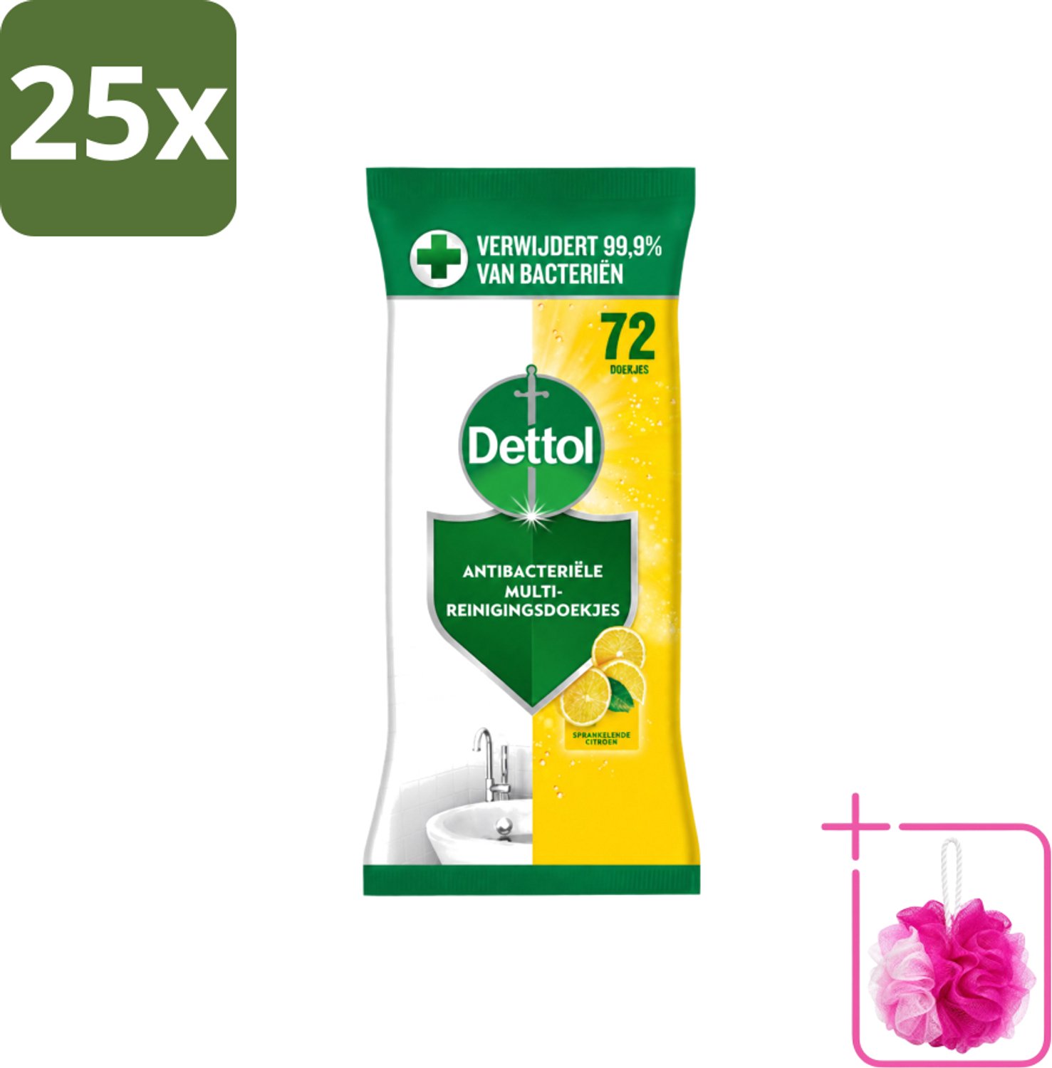 25 x Dettol - Reinigingsdoekjes - Sprankelende Citroen - 99,9% Bacterieverwijdering - 72 Doekjes - Bulkverpakking - Reinigingsdoekjes - Douchemop - Hygiëne