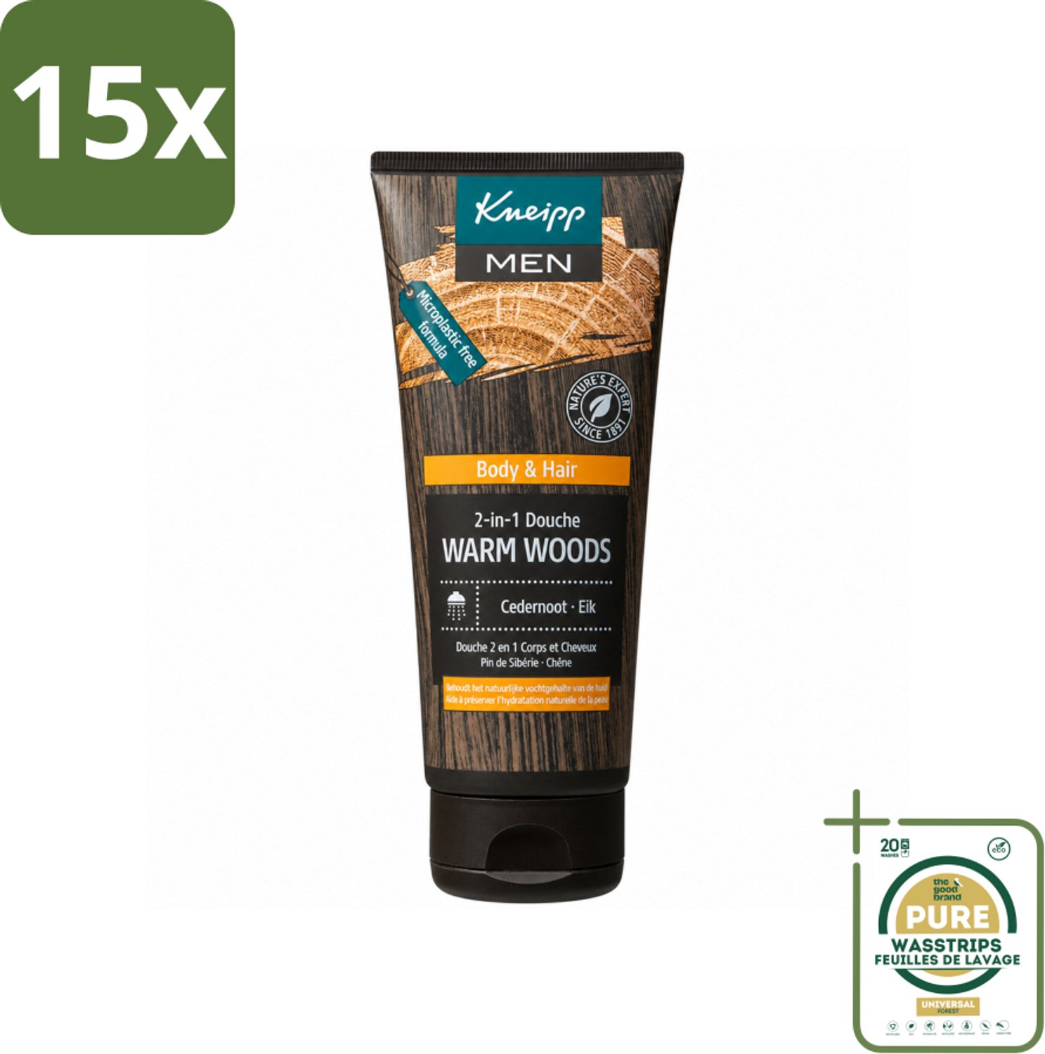 15 x Kneipp - Douchegel - Men - Warm Woods - 2-in-1 - 200 ml - Wasstrips - Douchegel Mannen - Natuurlijke Verzorging - Huid Verzorging - Haar Verzorging - Warm Woods Geur