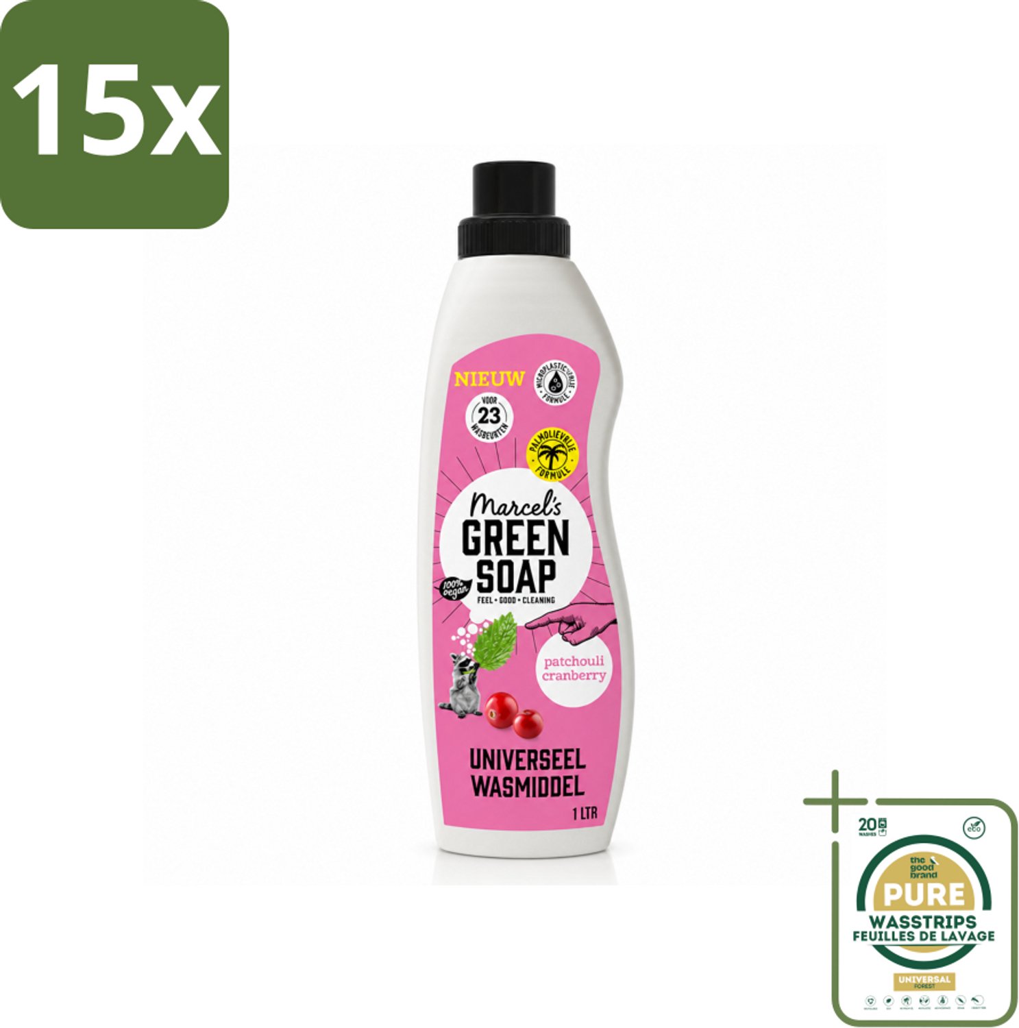15 x Marcel's Green Soap - Vloeibaar Wasmiddel - Patchouli & Cranberry - Effectief & natuurlijk - 23 Wasbeurten - 1 liter - Wasstrips - Wasmiddel - Natuurlijk Wasmiddel - Zeep Wasmiddel - Milieuvriendelijk Wasmiddel - Plantaardig Wasmiddel