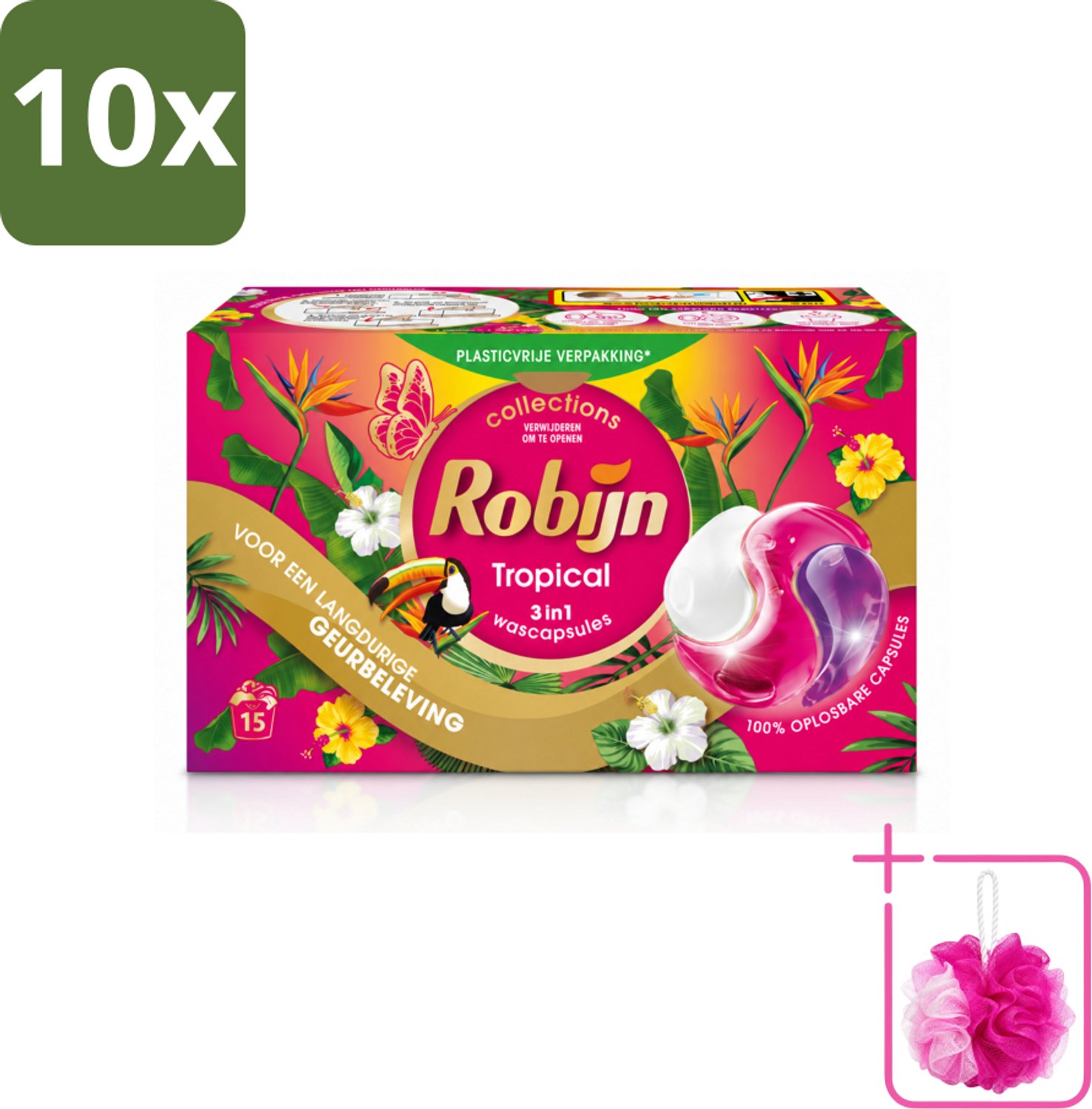 10 x Robijn - 3-in-1 Tropical - Wascapsules - 15 Wasbeurten - Bulkverpakking - Tropische geur - Douchemop - Wascapsules