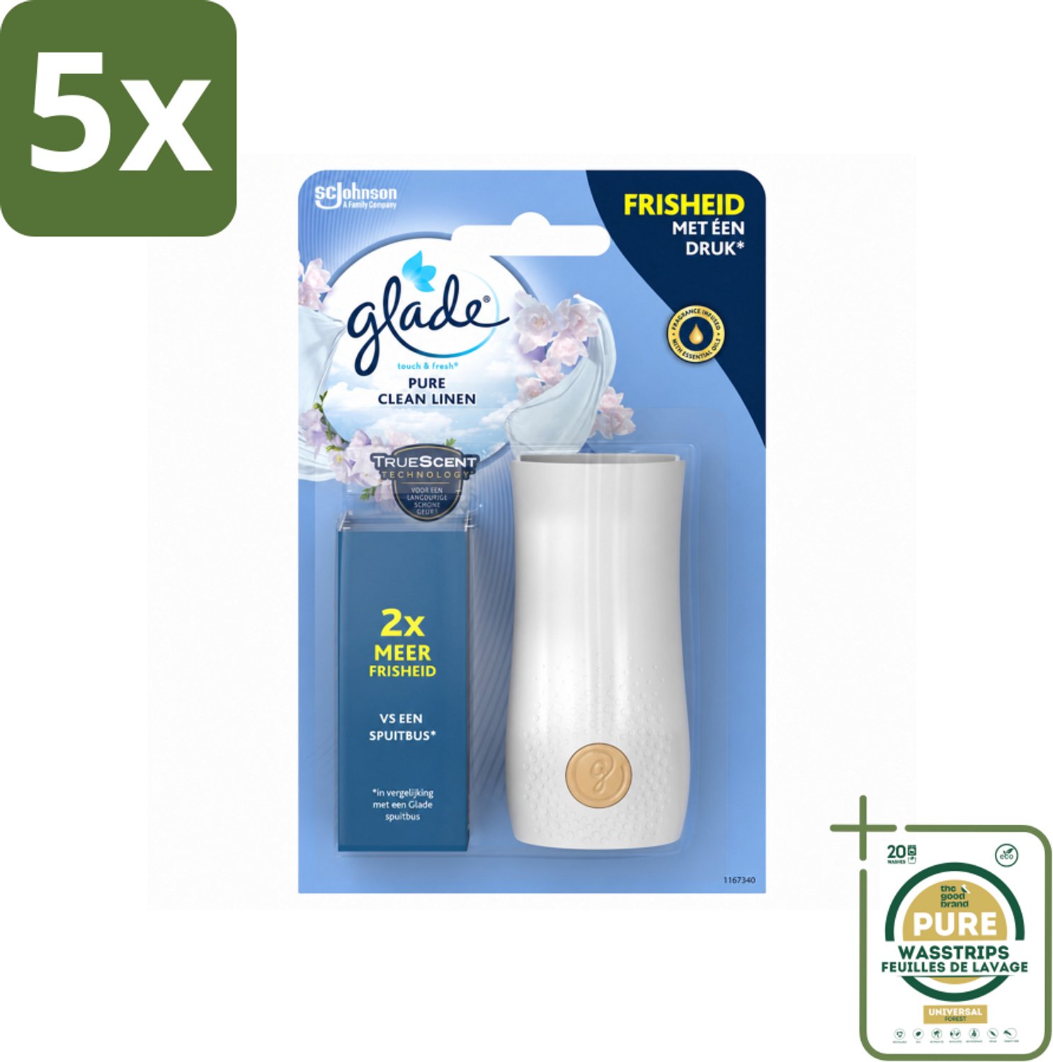 5 x Glade - Houder Touch & Fresh - Pure Clean Linen - 10 ml - Wasstrips - Luchtverfrisser - Geurhouder - Frisse Geur - Geur In Badkamer - Geur In Toilet