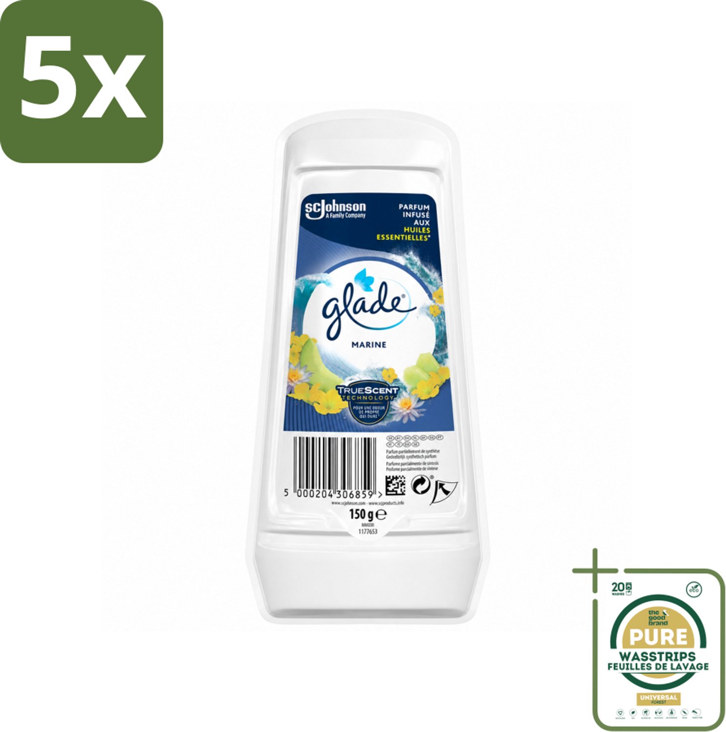 5 x Glade - Gel - Marine - 150 g - Wasstrips - Luchtverfrisser - Fris Geur - Maritieme Geur - Geur Gel - Badkamer Geur