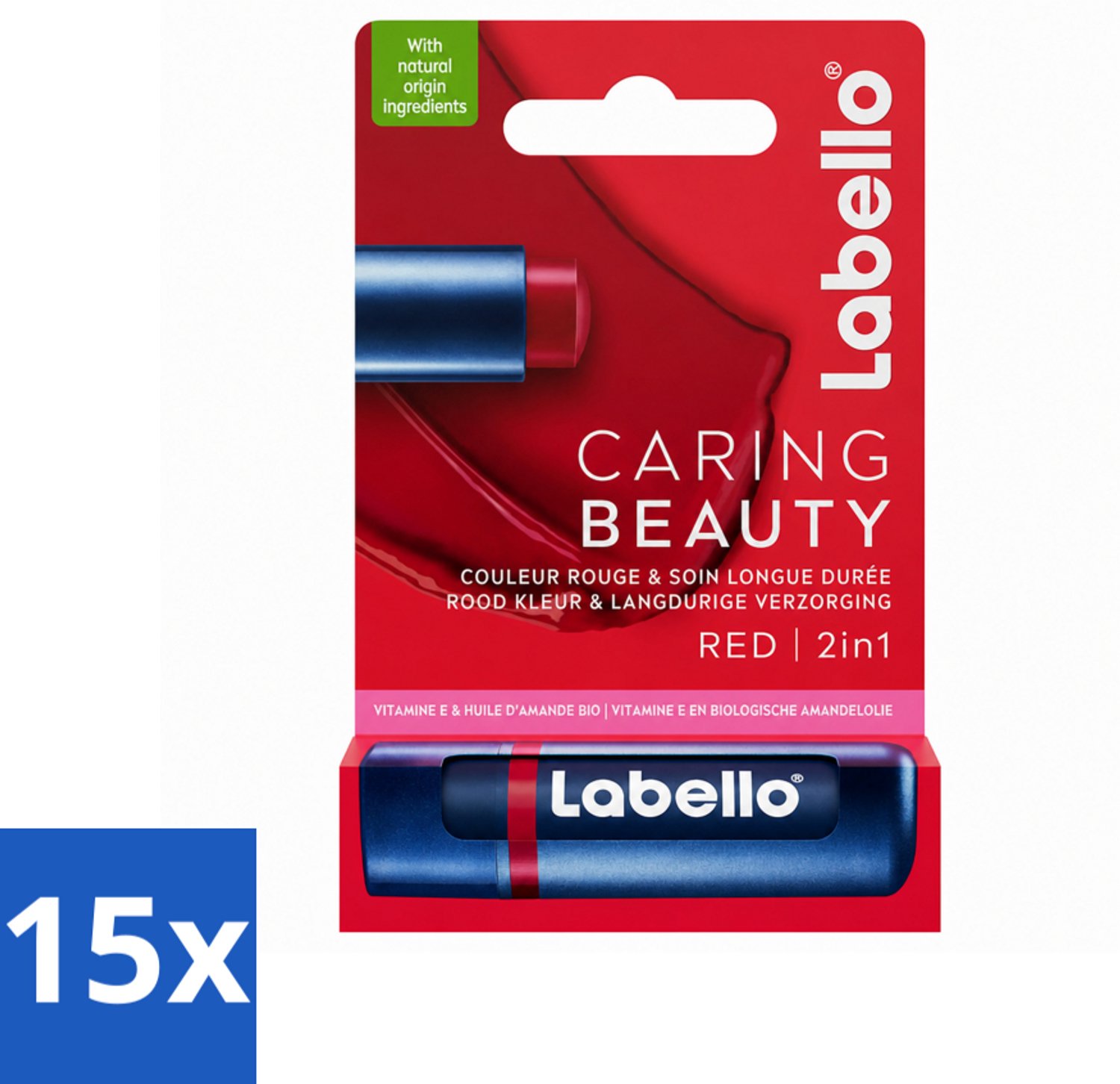 15 x Labello –Lippenbalsem – Caring Beauty Red – 5,5 ml - Voordeelverpakking - 15 stuks