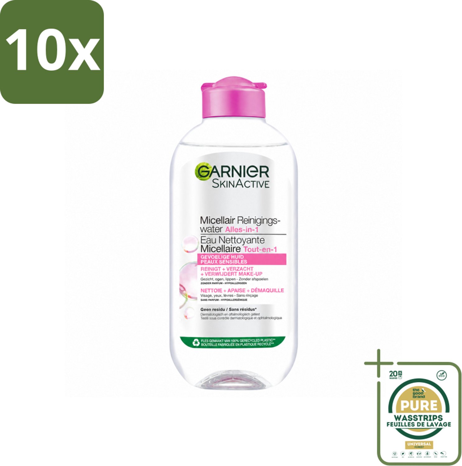 10 x Garnier - SkinActive - Micellair Water - Gevoelige Huid - Gezichtsreiniger - 200 ml - Wasstrips - Gevoelige Huid Reinigen - Micellair Water - Gezichtsreiniger - Make-up Verwijderen - Geurloos Reinigen