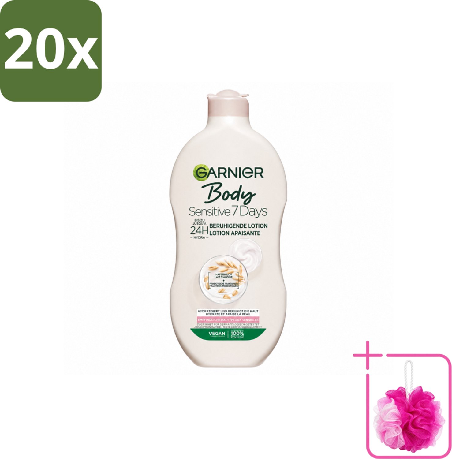20 x Garnier - Body - Bodylotion - Sensitive 7 Days - Verzachtend - Havermelk & Probiotica - 400 ml - Bulkverpakking - Gevoelige huid - Douchemop - Lichaamsoorzaak