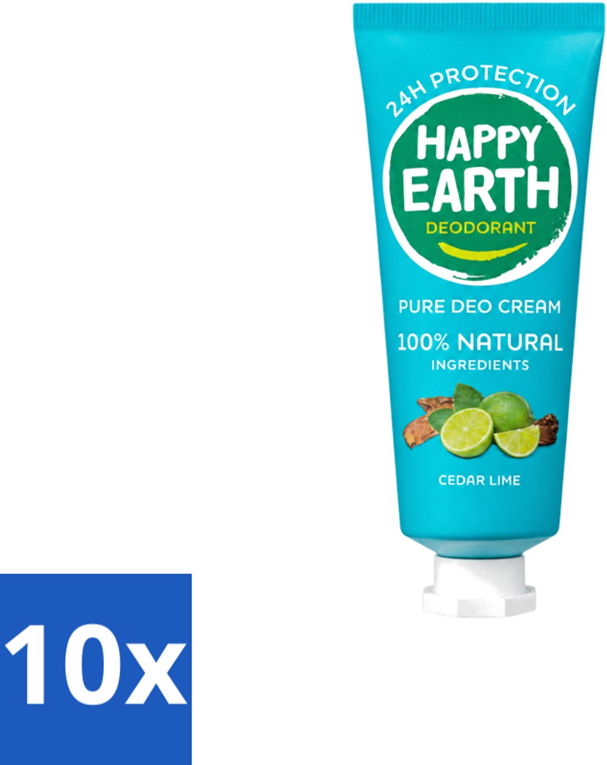 10 x Happy Earth – Deodorant Cream – 100% Natuurlijk Cedar Lime – 40 ml - Voordeelverpakking - 10 stuks